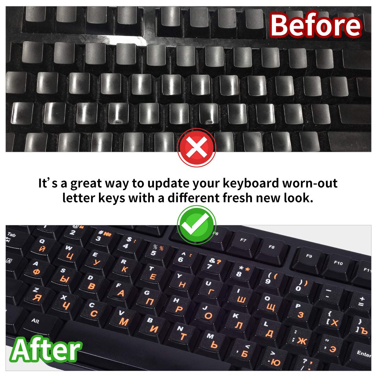 2Pcs Russian Keyboard Stickers, Russian English Keyboard Letters Replacement Sticker Orange Font With Black Background For Pc Co