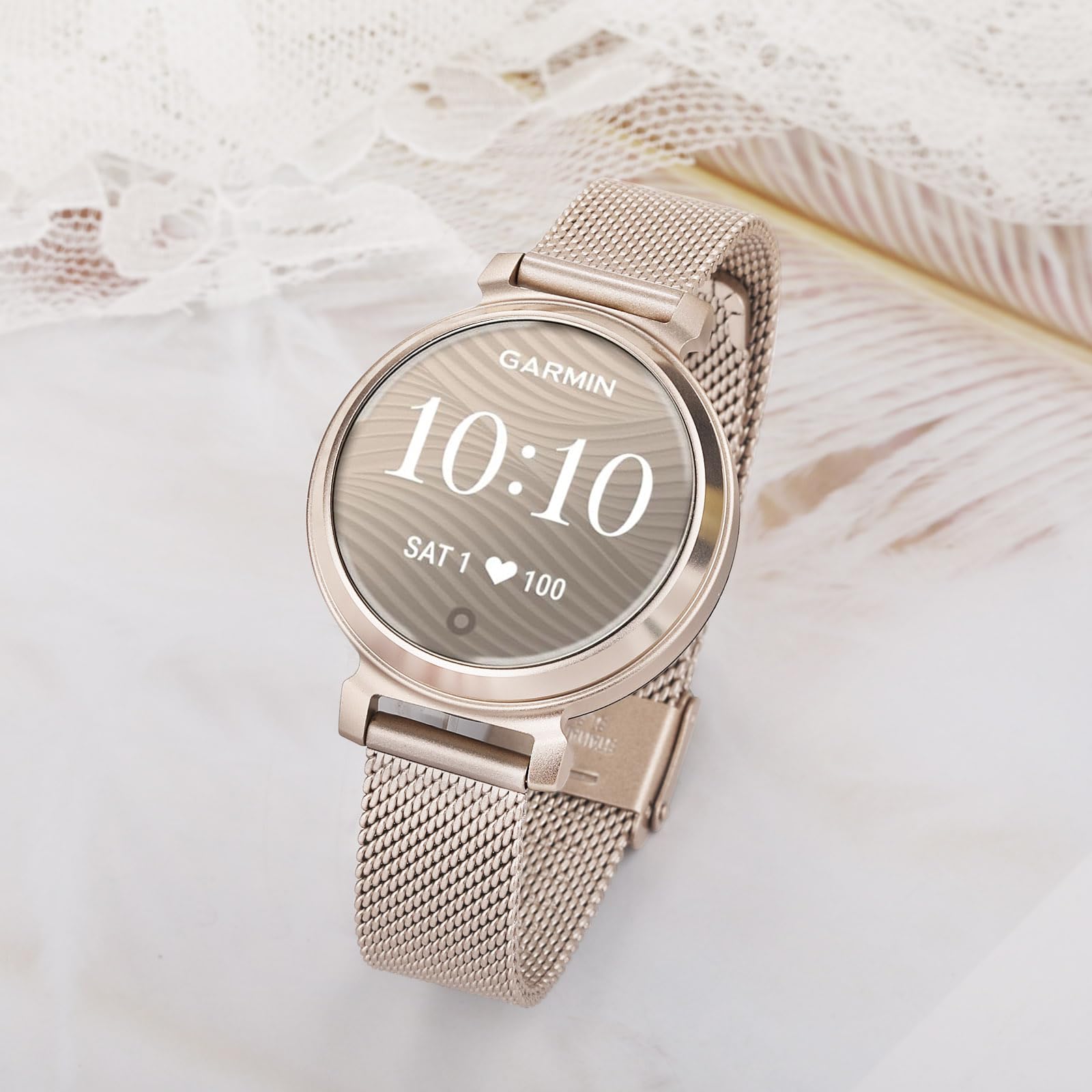 Trumirr Women Band For Garmin Lily 2 Smart Watch, Mesh Stainless Steel Watchband Cream Gold Strap For Garmin Lily 2 Only