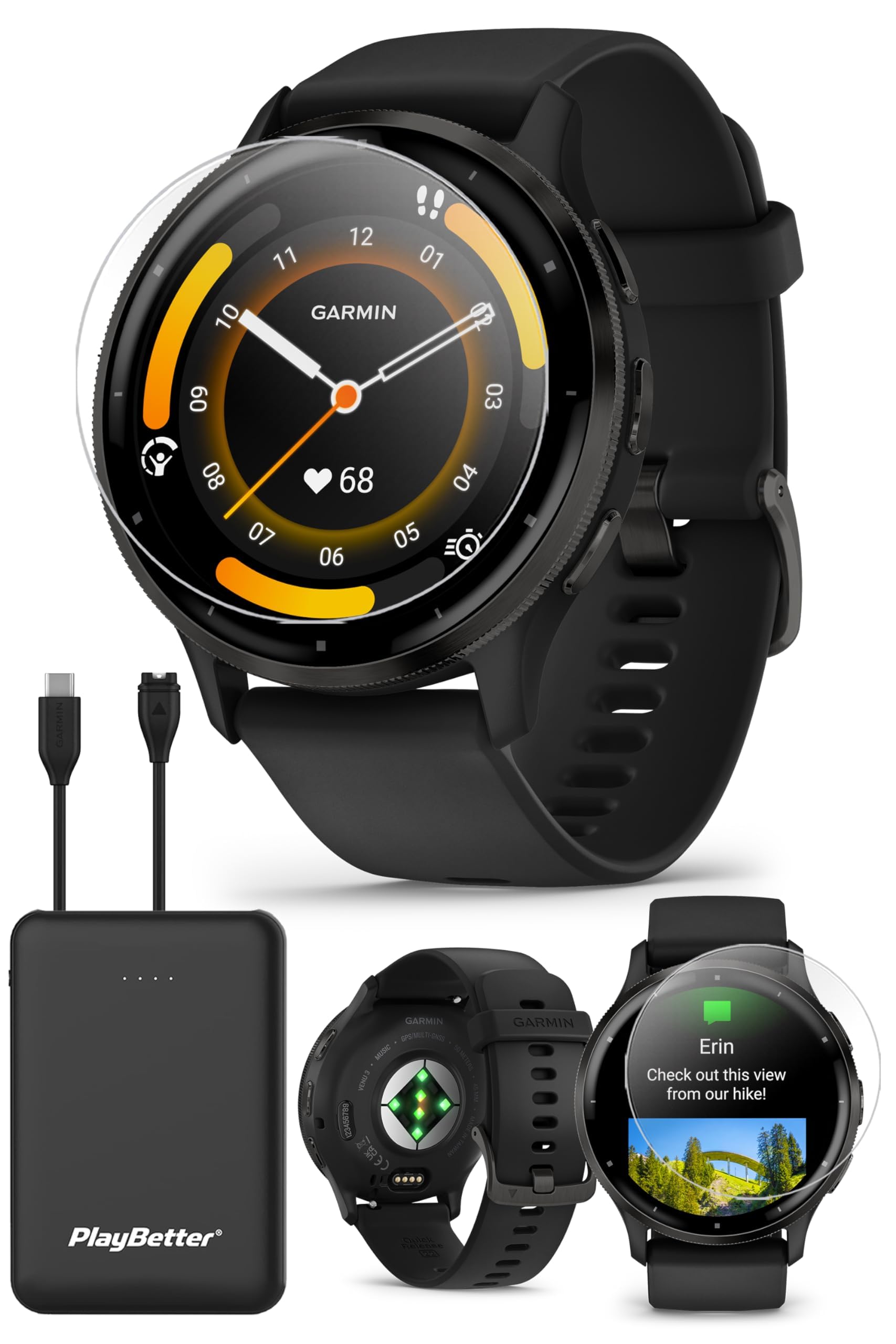 PlayBetter Garmin Venu 3 (Slate/Black) Fitness GPS Smartwatch Bundle - AMOLED Touchscreen, 10 Days Battery, Sleep & Recovery - I