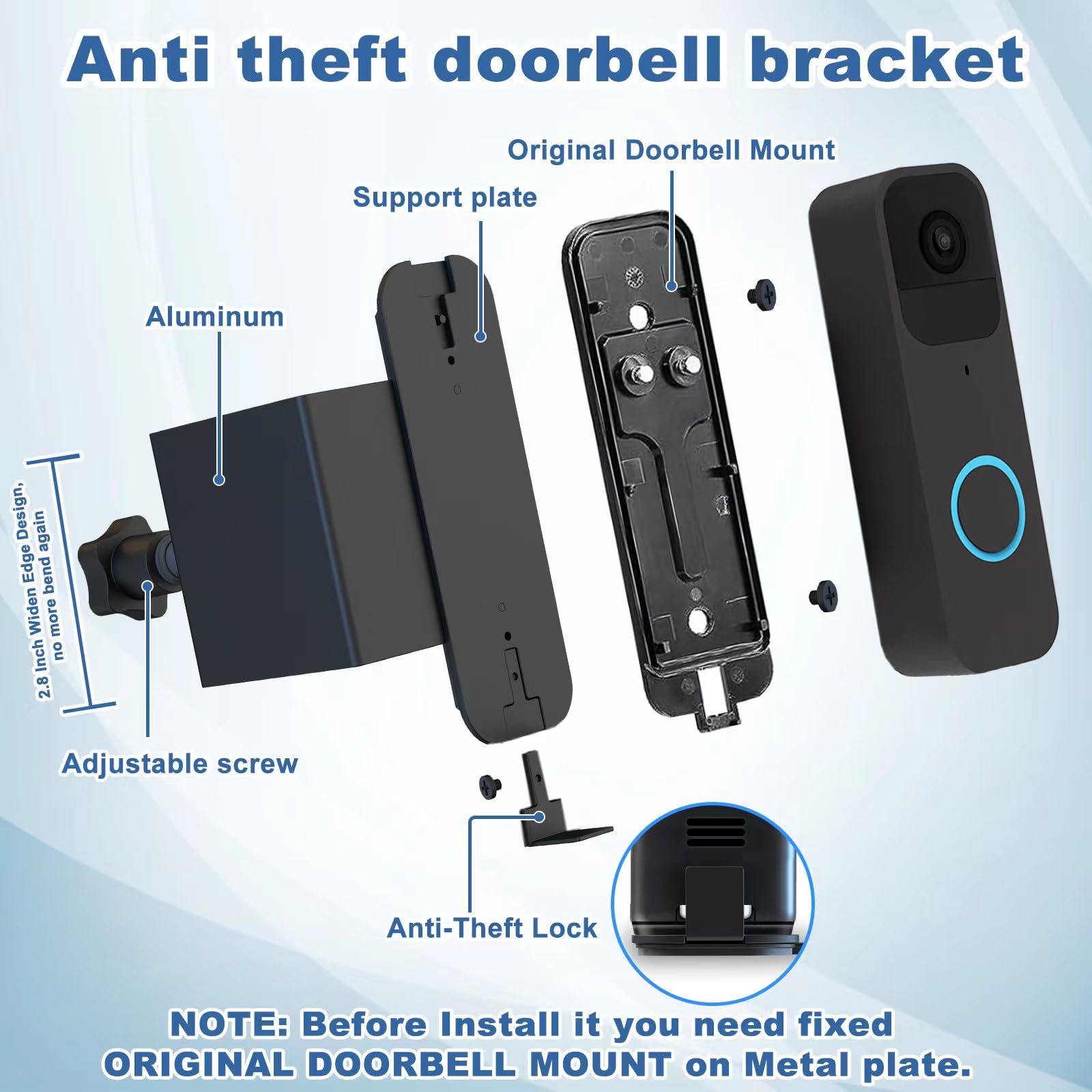 Anti Theft Blink Doorbell Mount No Drill, No Cover Not Block Widen Edge Anti Bending Blink Doorbell Camera Mount, Renter Friendl