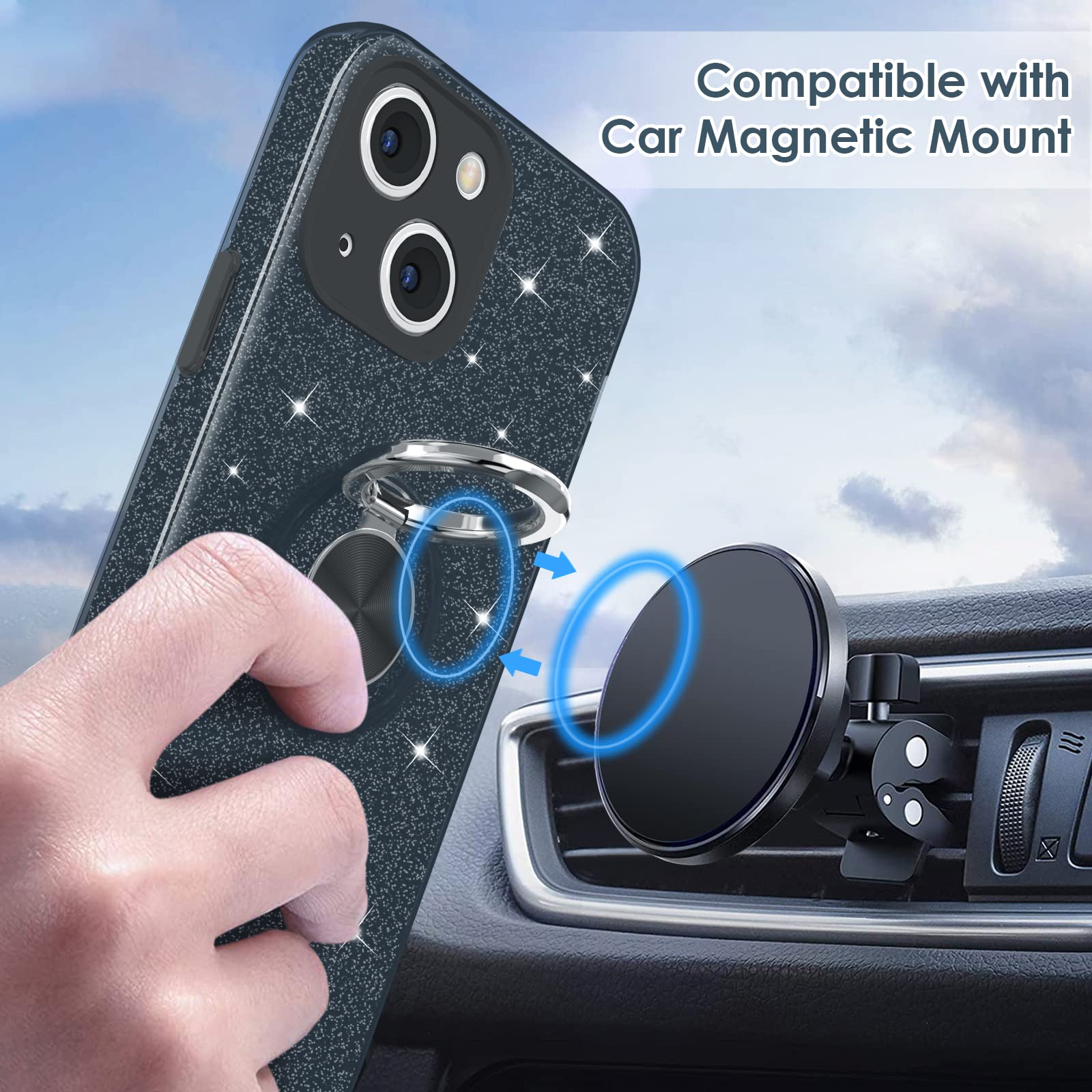 Hython For Iphone 13 Case With Ring Stand [360 Rotatable Ring Holder Magnetic Kickstand] [Support Car Mount] Cute Sparkly Glitte