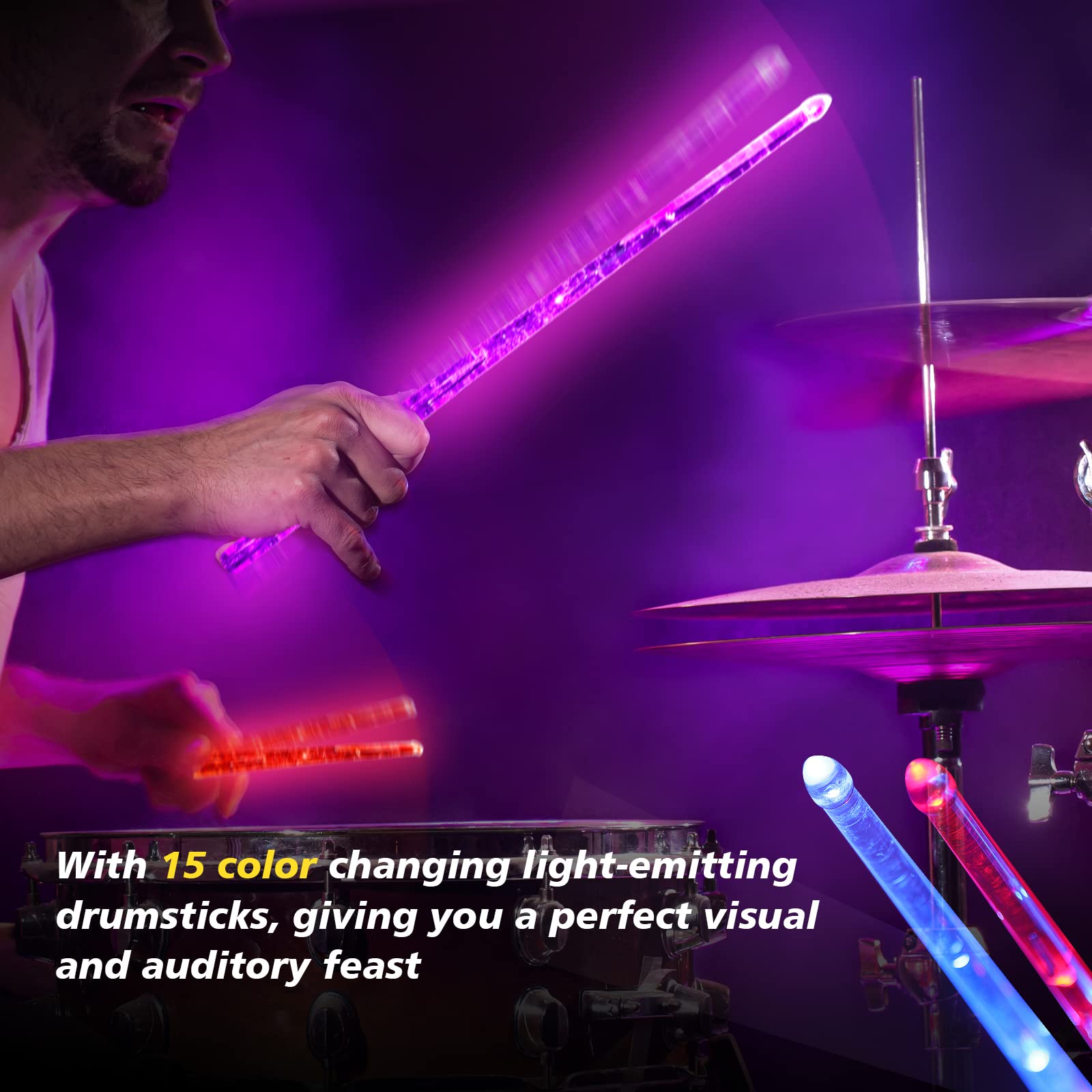 Light Up Drum Sticks,15 Color Changing Drum Sticks Cool Kids Drum Sticks Personalized Electronic 5A Drumsticks(One Pair)