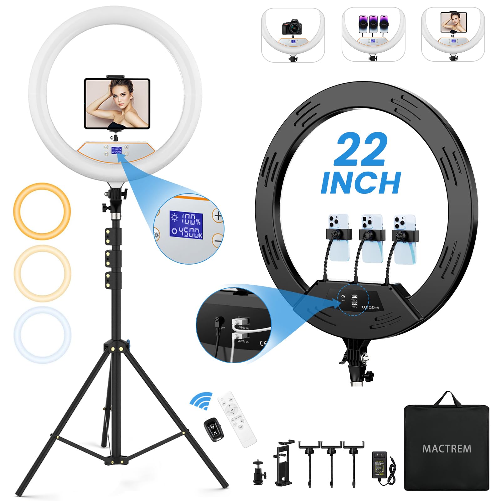 22'' Ring Light With 75'' Tripod Stand, Led Display/2 Usb Ports/6500K Dimmable Ring Light For Ipad Phone Holder For Tattoo Lash