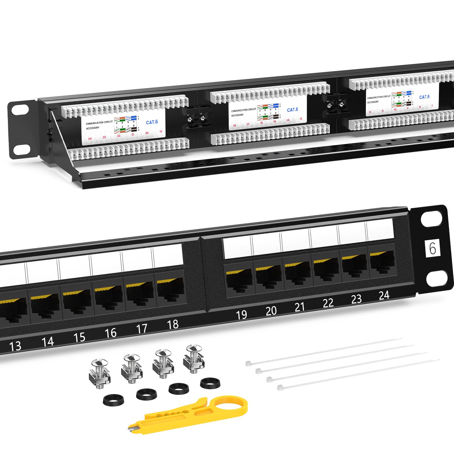 Ampcom Premium Series Cat6 24 Ports Patch Panel, Rack Mount   1U, 19 Inch, Rj45 Ethernet 568A 568B, 15U Gold Plated, With Rear C