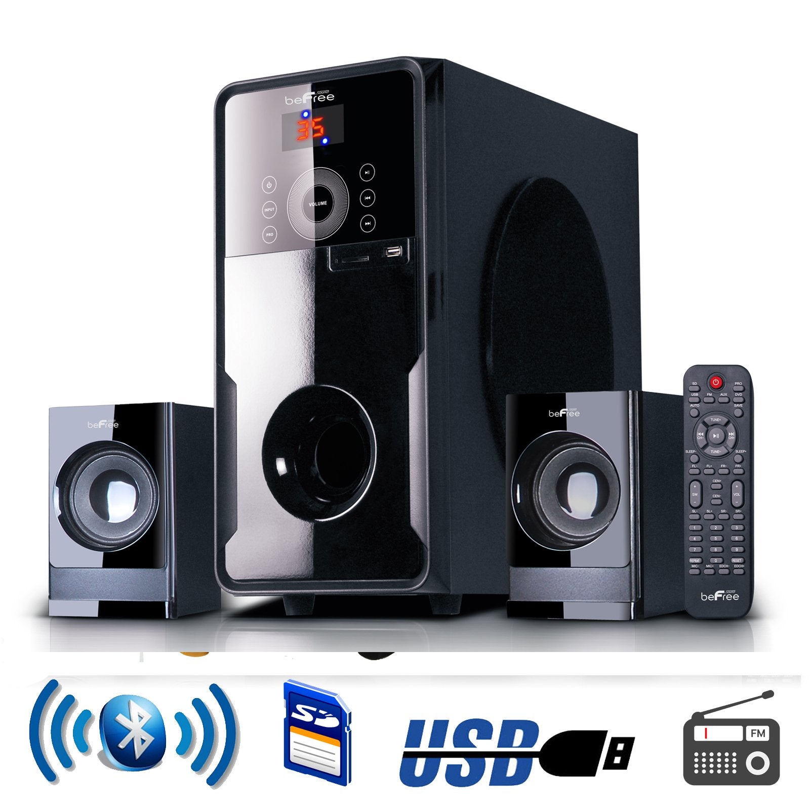beFree Sound 2.1 Bluetooth Speaker System for Any PC or Home Entertainment with FM Radio, SD and Full Function Remote Control