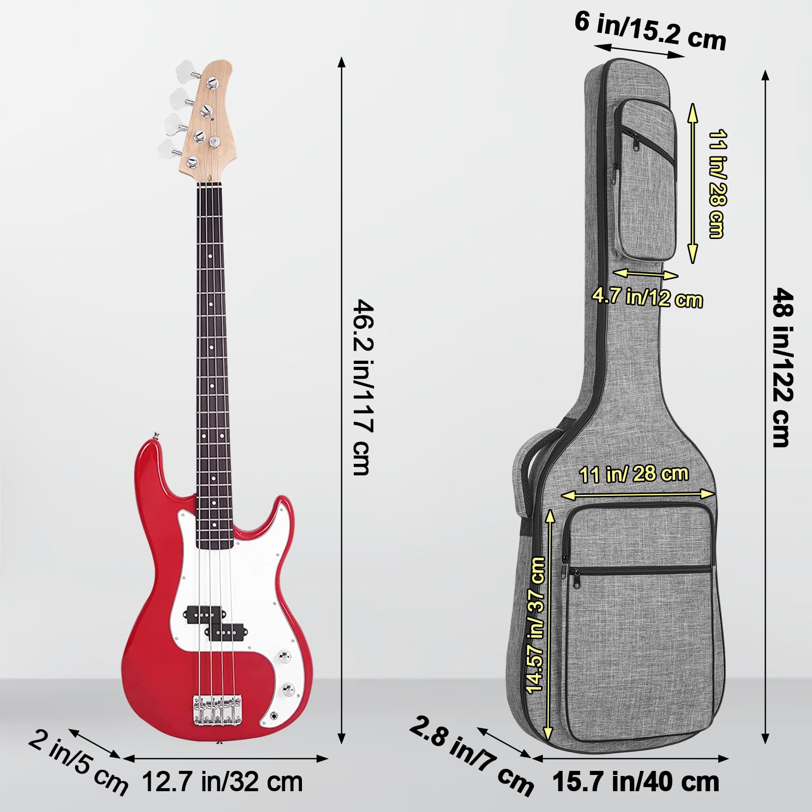 Muscab 47 Inch Bass Gig Bag 11Mm Padding Electric Bass Guitar Bag, Bass Guitar Case Backpack With Neck Strap And 4 Pockets, Grey