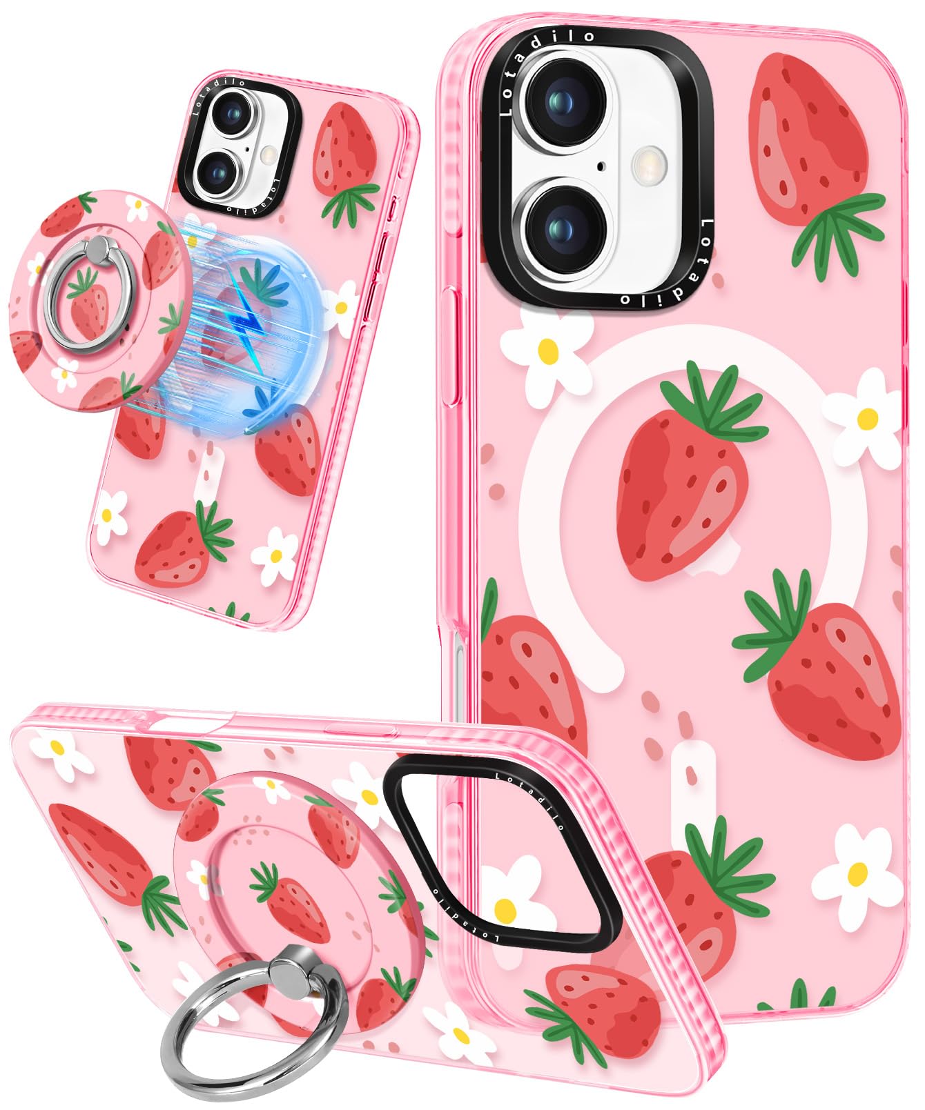 Lotadilo Case for iPhone 17 Case Compatible with Magsafe Ring Holder Stand - for Women Strawberry Flower Design TPU Phone Cover 