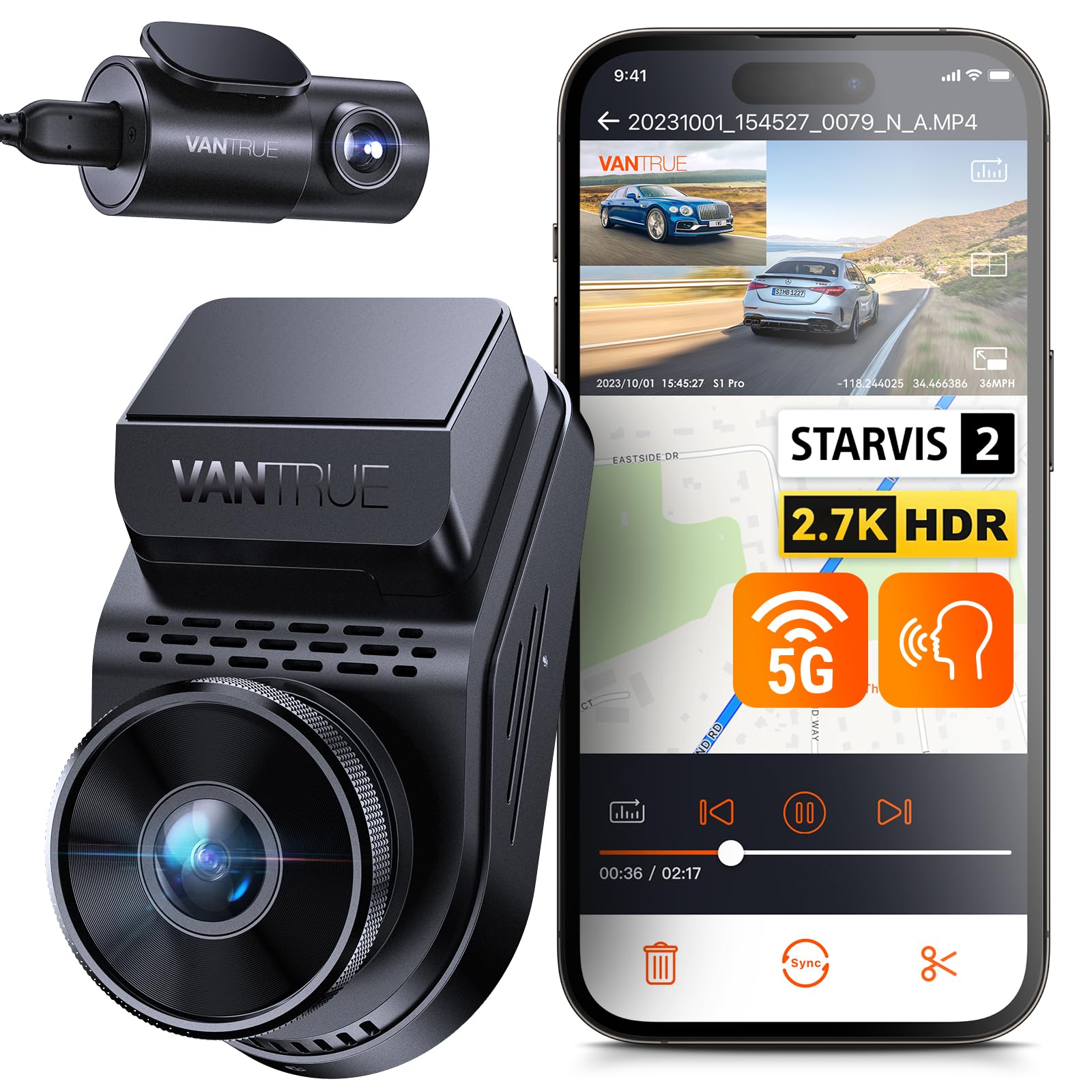 Vantrue S1 Pro 2.7K Front And Rear 5G Wifi Dual Dash Cam, Starvis 2 Hdr Night Vision, Lte Support, 1440P 60Fps Hidden Dash Camer