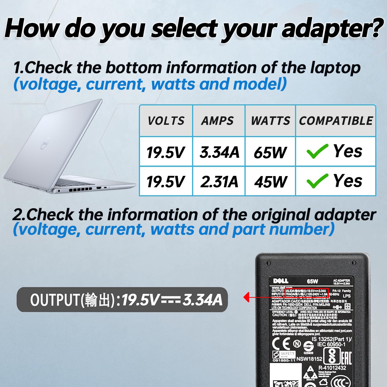 65W Watt Inspiron Laptop Charger For Dell Inspiron 13 14 15 3000 5000 7000 Series 3420 5558 5755 3147 7348 2In1 5555 5559 Latitu