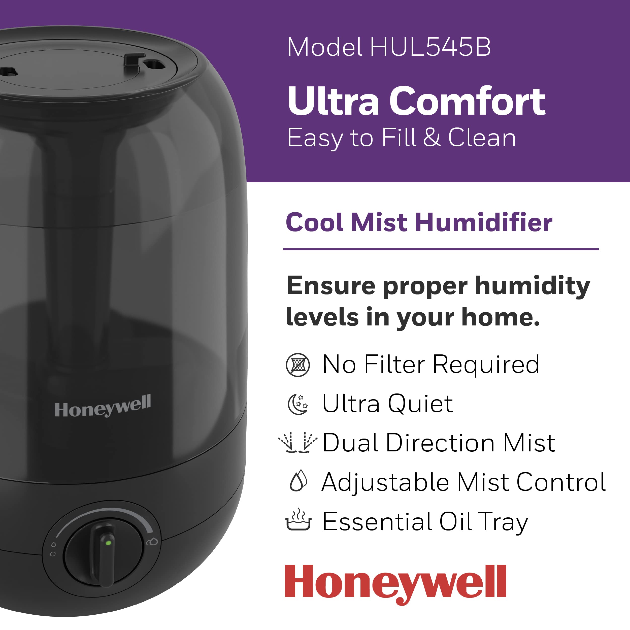 Honeywell Ultra Comfort Cool Mist Humidifier, No Filter, Easy To Fill And Clean, Cleaning Brush Included, Ultra Quiet, Use With