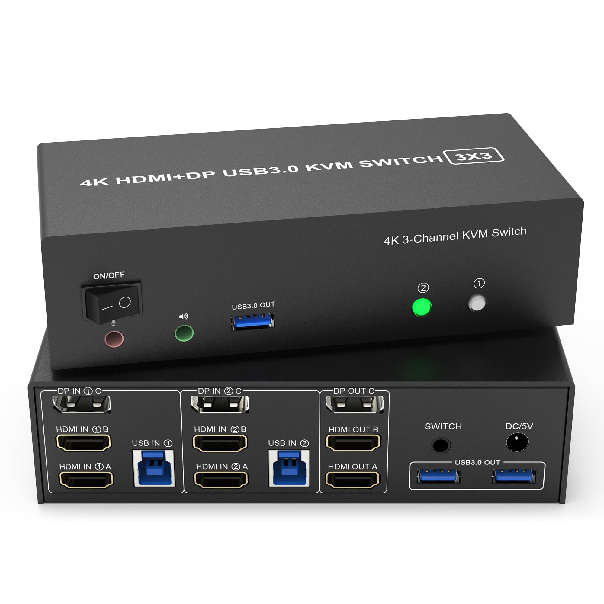 Kvm Switch 3 Monitors 2 Computers 4K@60Hz, 2 Hdmi+Displayport Kvm Switch Triple Monitor For 2 Computer Share 3 Monitor, Audio Mi