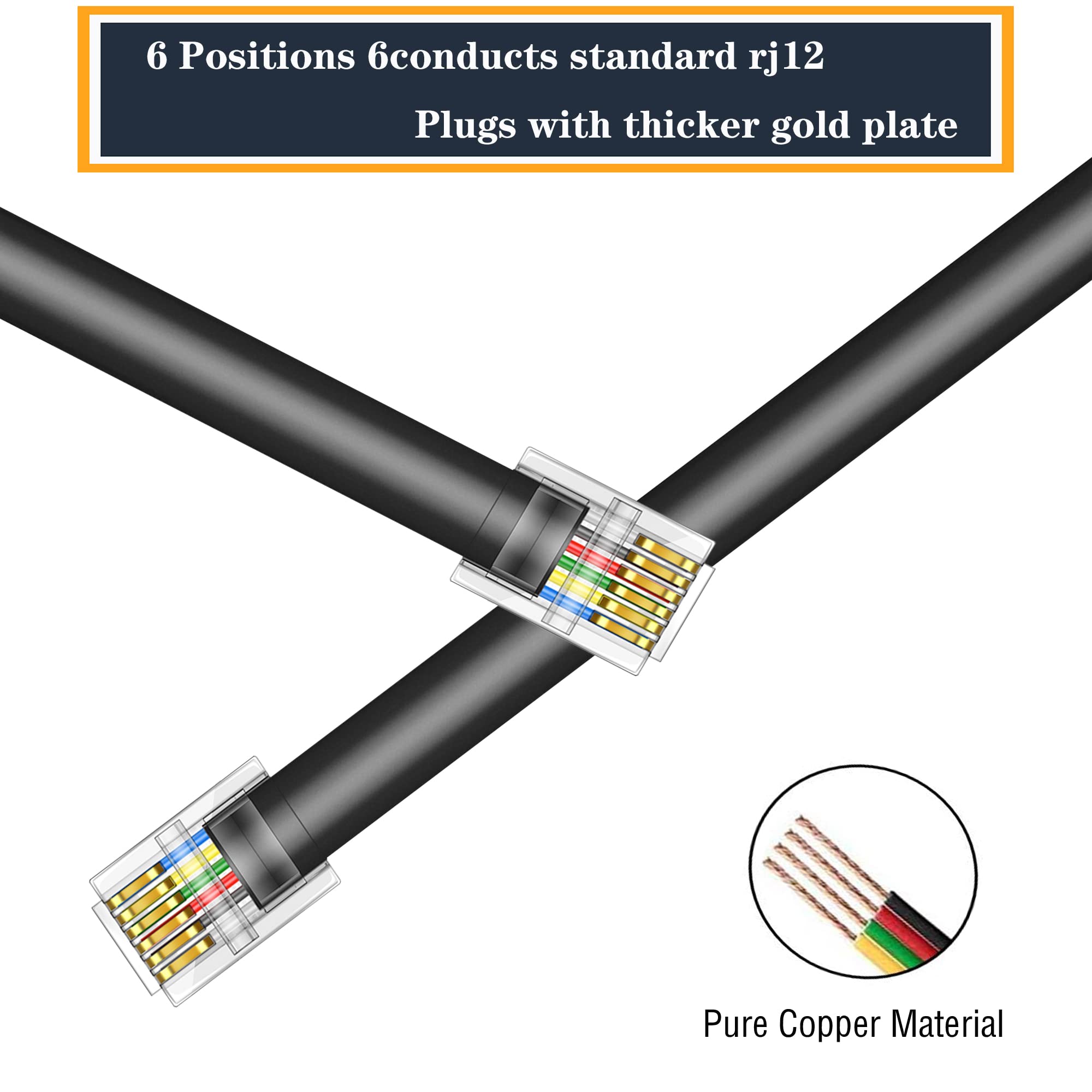 Lansensu Rj12 Cable Phone Cord Rj12 6P6C Male To Male Straight Wired For Both Data And Voice Use   2Pack (Black, 6.6Ft)