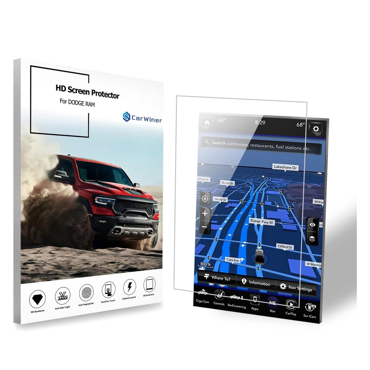 Carwiner Compatible With Dodge Ram Hd Screen Protector 12 Inch 2019-2025 1500 2500 3500 Anti Glare Fingerprint Navigation Protection Tempered Glass Accessories (Hd)