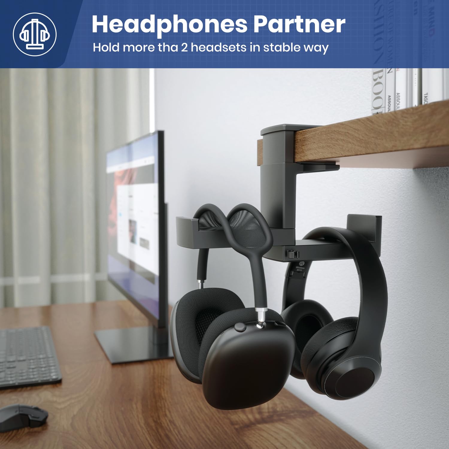 Dual Headphone Stand Holder   Eurpmask 2 In 1 Pc Gaming Headset Hooks, 360 Degree Rotating Headphone Hanger With Adjustable Clam
