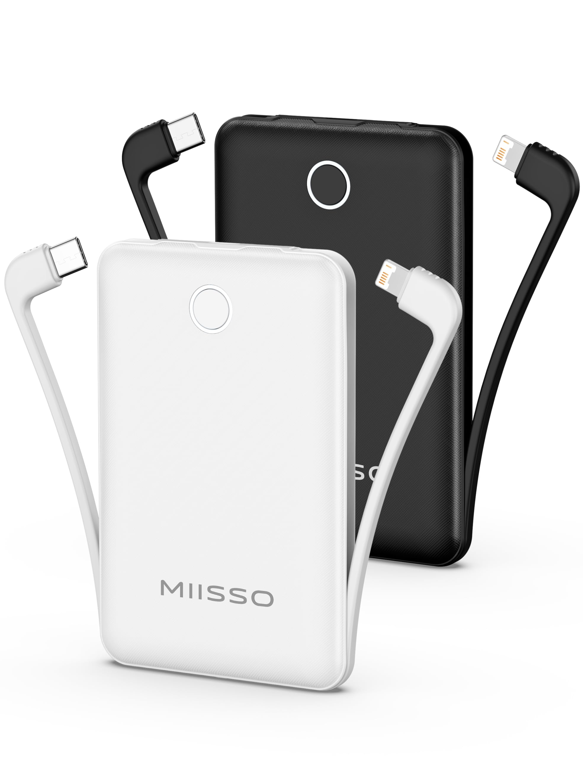 10000mAh Mini Portable Charger with Built in Cable, 2 Pack Black & White