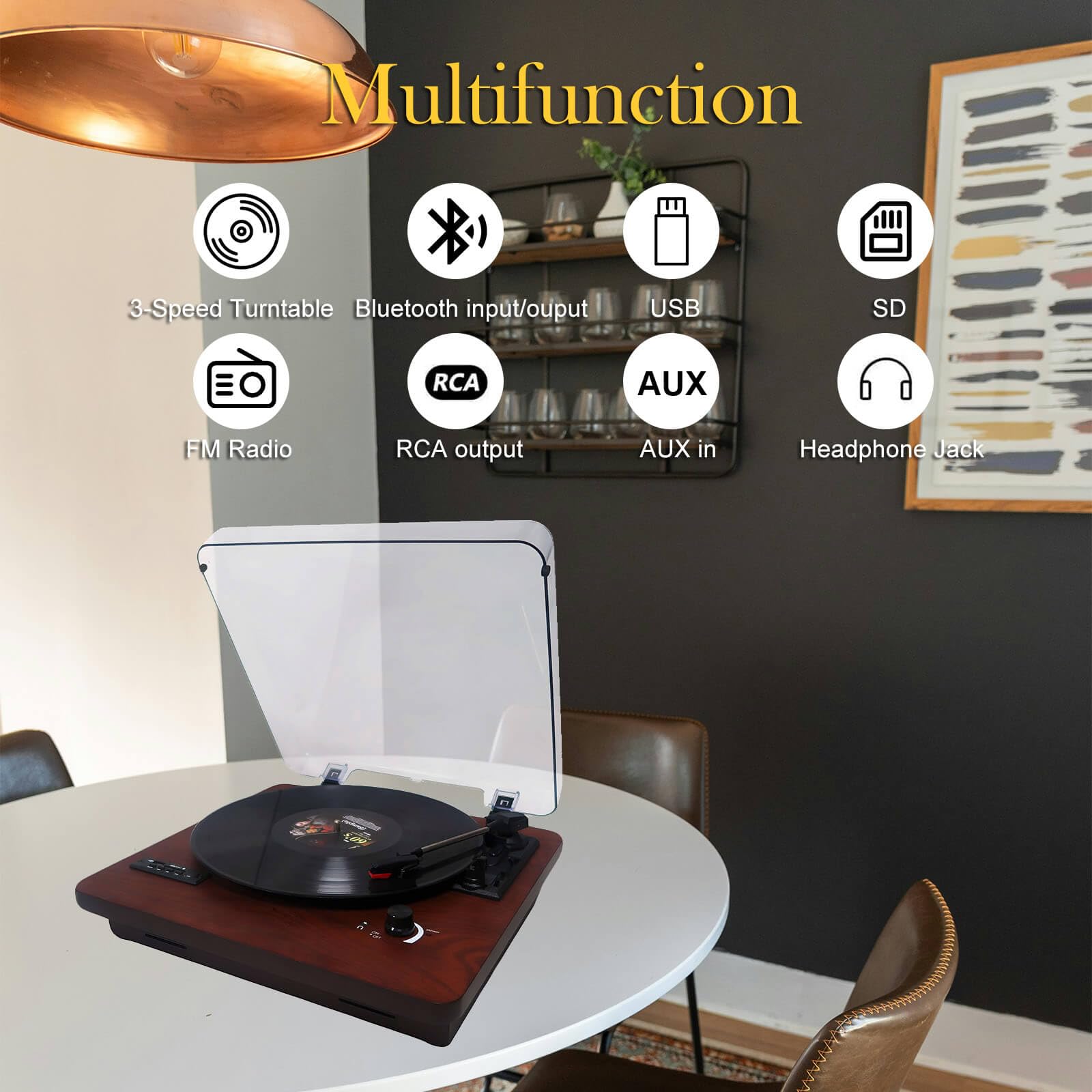 Bluetooth Record Player, 3 Speed Turntable With Built In Speakers, Supports Bluetooth Input & Output, Usb/Sd Playback And Record