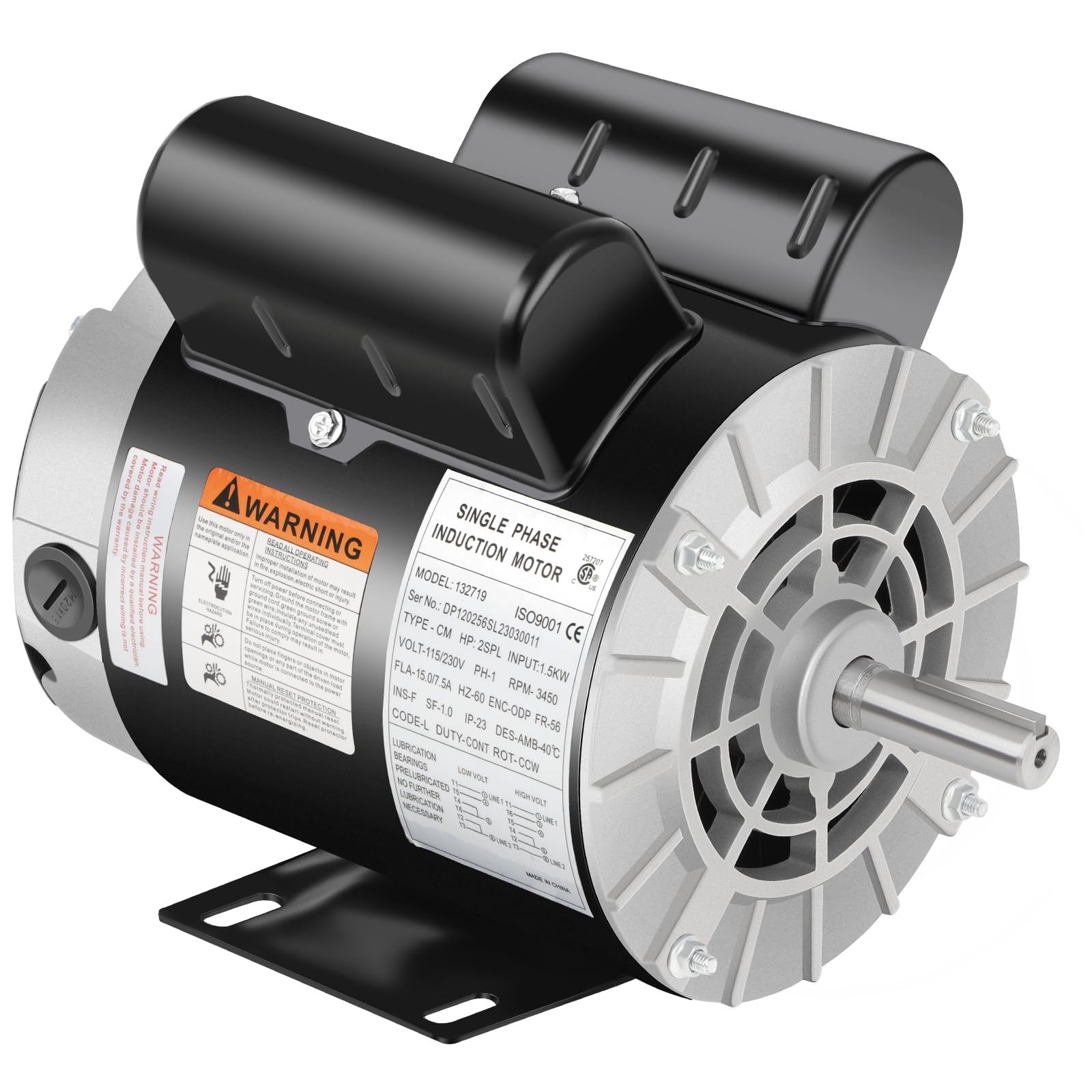 2 HP SPL Air Compressor Motor, Single Phase 3450 RPM Electric Motor, AC 115/230V 15/7.5A, 56 Frame 5/8 Shaft Diameter, Commercia