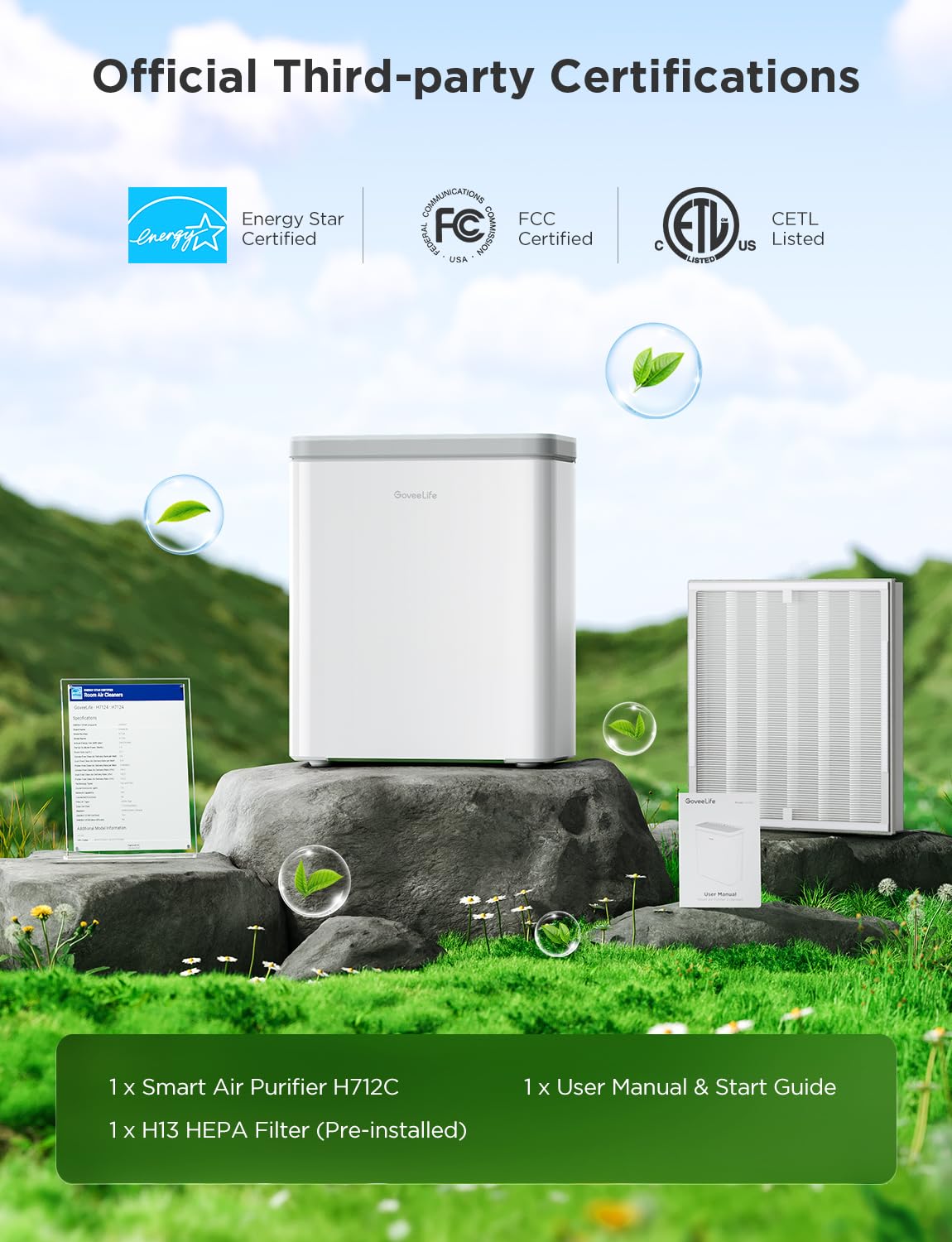 Goveelife Smart Air Purifier For Home Large Room, Covers Up To 1046 Ft, Hepa Sleep Mode, 3 In 1 Filter Air Purifier With App Ale