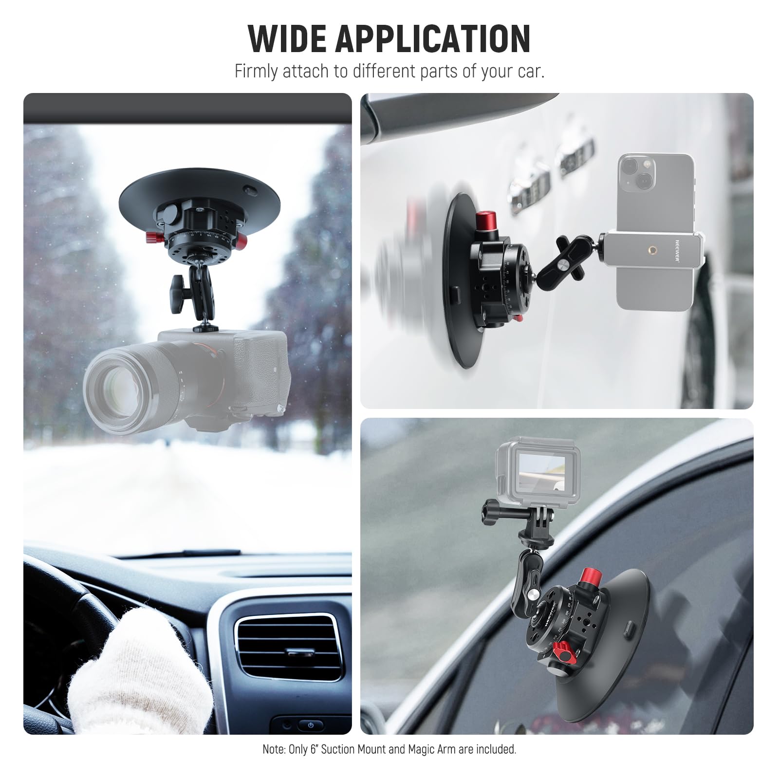 Neewer 6''/15.2Cm Camera Suction Cup Mount With Ball Head Magic Arm, Metal Suction Cup Mount On Car Windshield Dash For Camera/A