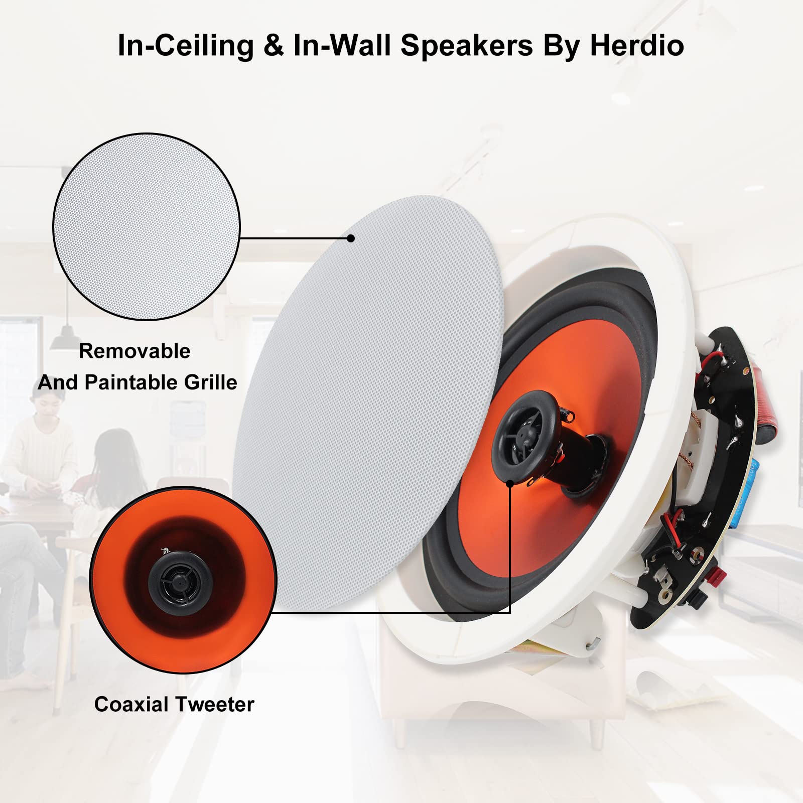 Herdio 6.5'' Bluetooth In Wall In Ceiling Speakers 600W 2 Way Flush Mount Speakers System With Wall Amplifier Receiver For Home
