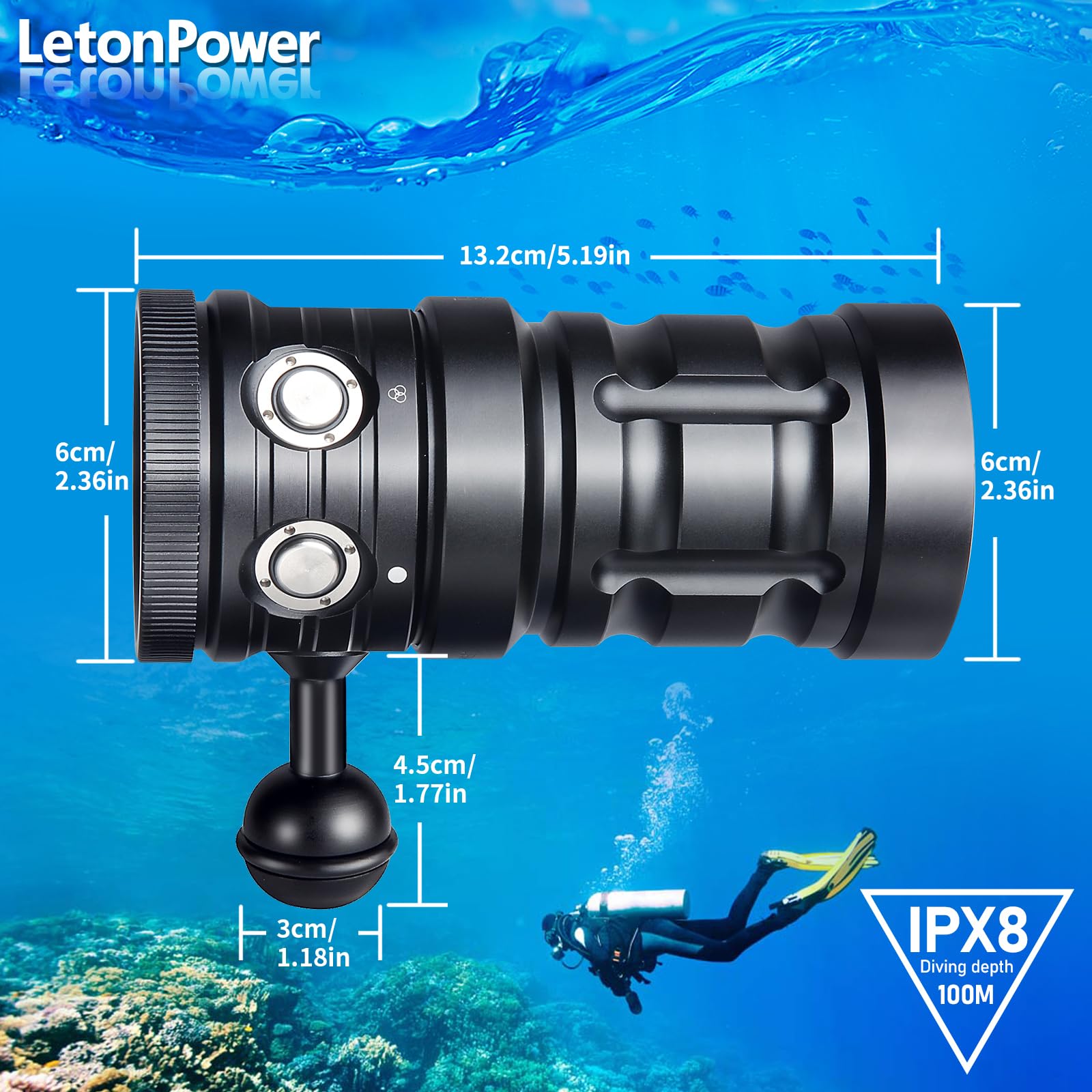 Dive Light,Letonpower Ts Sx 11000Lumens 100M Underwater Video Light,Diving Flashlight,Scuba Dive Light,Waterproof Flashlight Wit