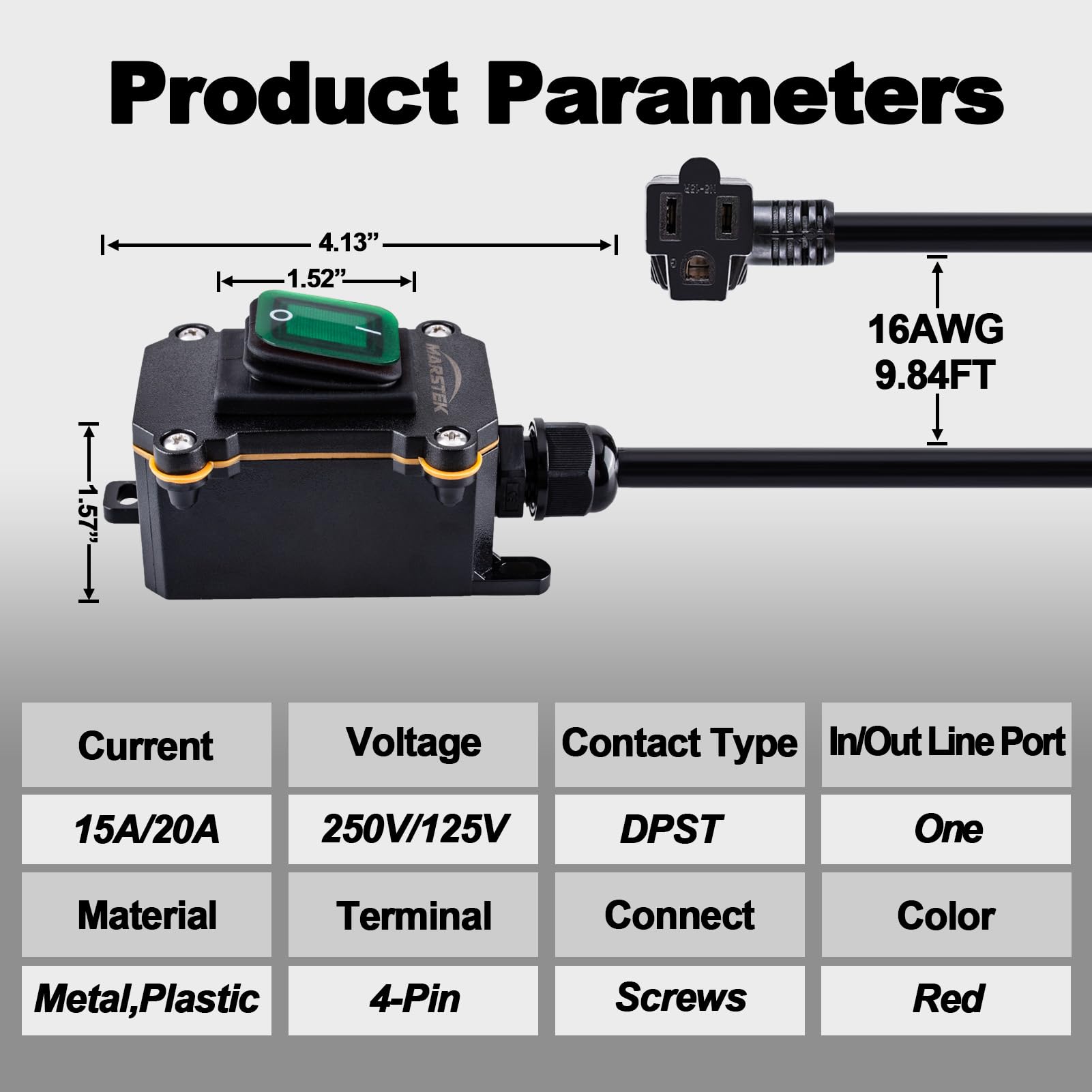 Marstek Heavy Duty Waterproof Extension Cord With On/Off Switch,Inline Cord Switch With 10 Ft 16Awg Cable Piggyback Plug(3 Prong