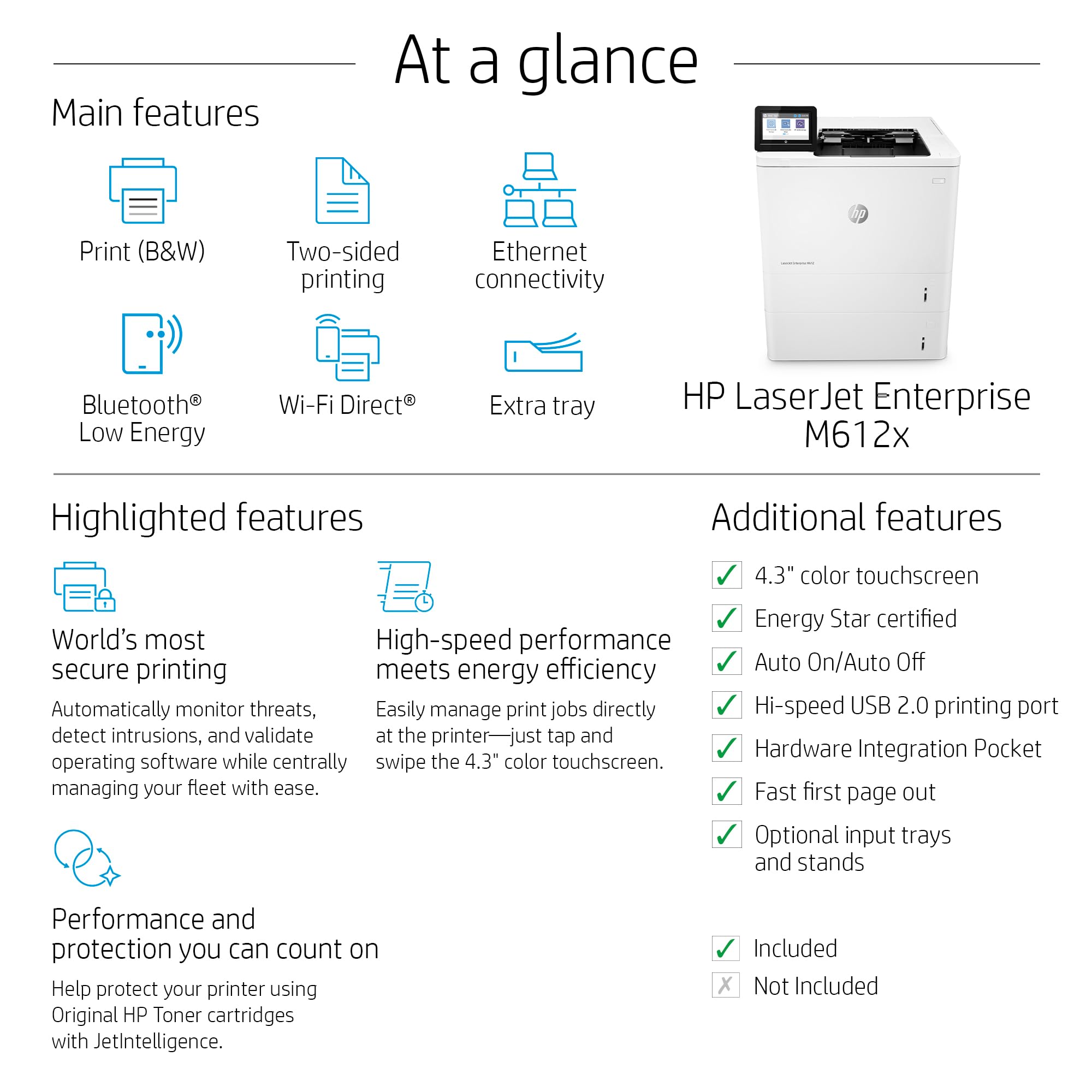 Hp Laserjet Enterprise M612X Monochrome Printer With Built In Ethernet, 2 Sided Printing & Extra Paper Tray (7Ps87A), White