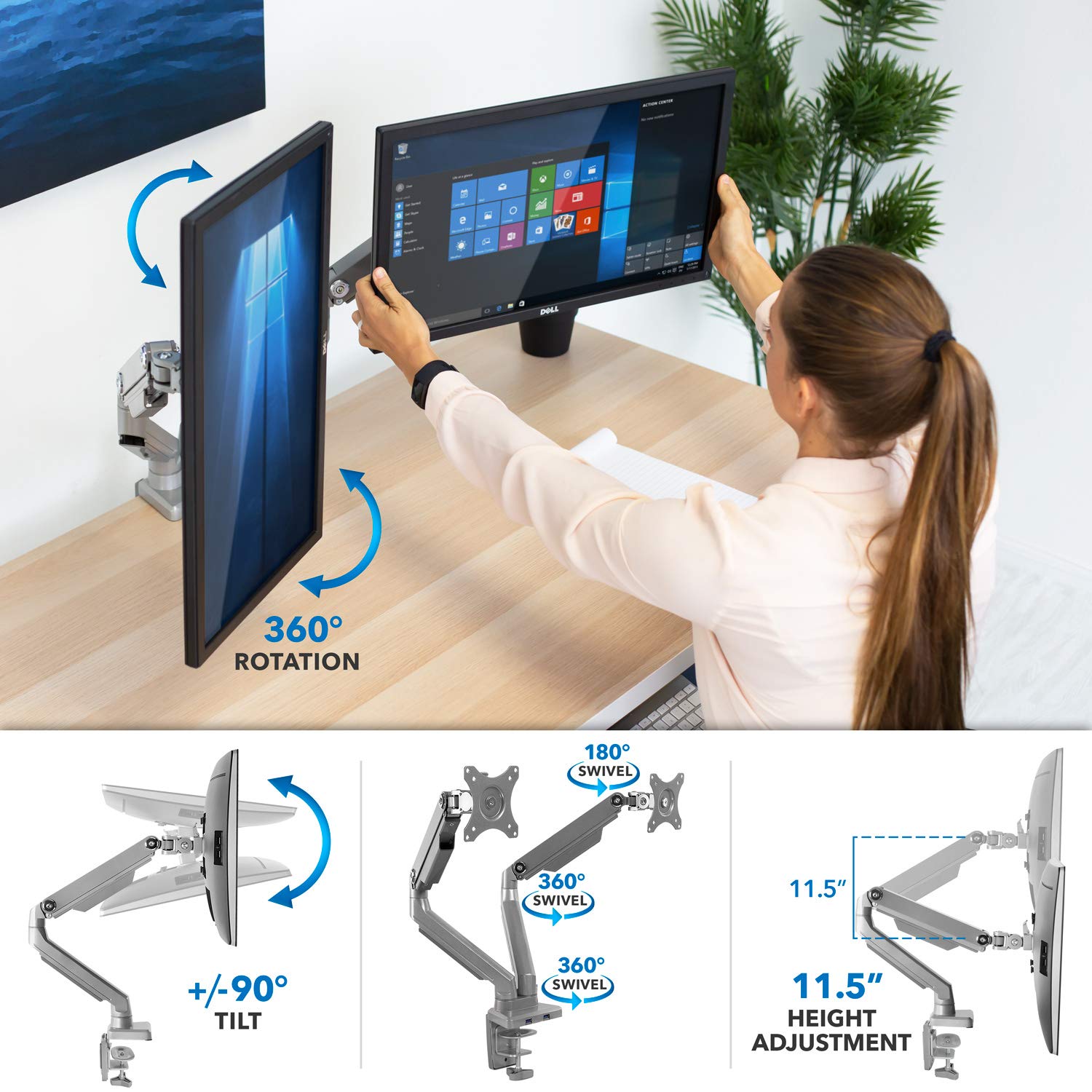 Mount It! Dual Monitor Arm Mount Desk Stand | 2 x 3.0 USB Ports | Articulating Mechanical Spring Height Adjustable | Fits Two 24 27 29 30 32 Inch VESA 75 100 Compatible Screens | C Clamp and Grommet