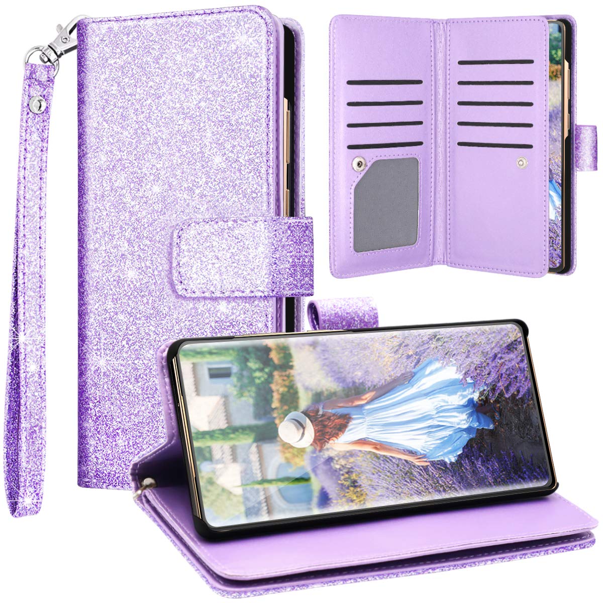 Fingic Samsung Note 20 Case, Galaxy Note 20 Wallet Case,Glitter Sparkle Cover 9 Card Holder Pu Leather With Kickstand Wrist Stra