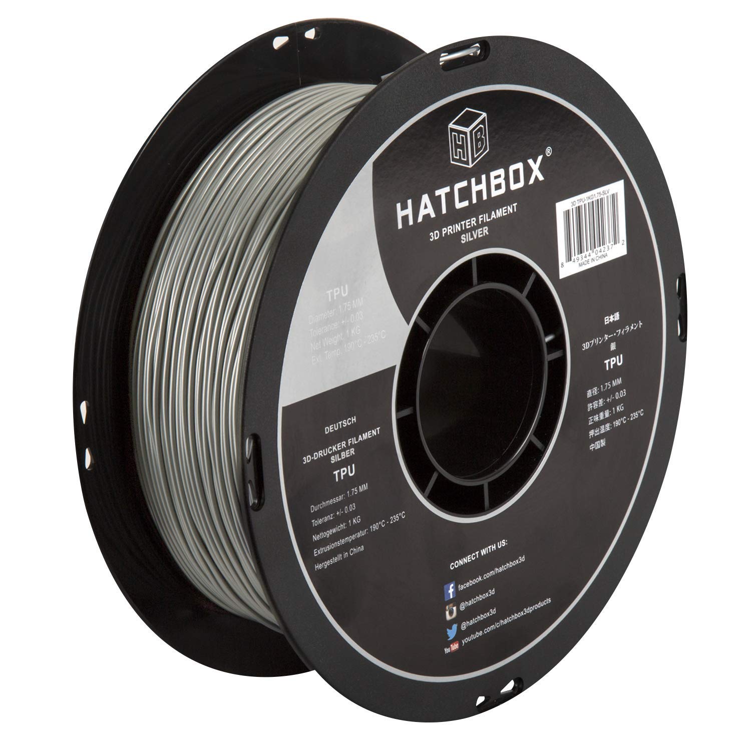 HATCHBOX 1.75mm Silver TPU 3D Printer Filament Shore 95A, 1 KG Spool, Dimensional Accuracy +/- 0.03 mm, 3D Printing Filament