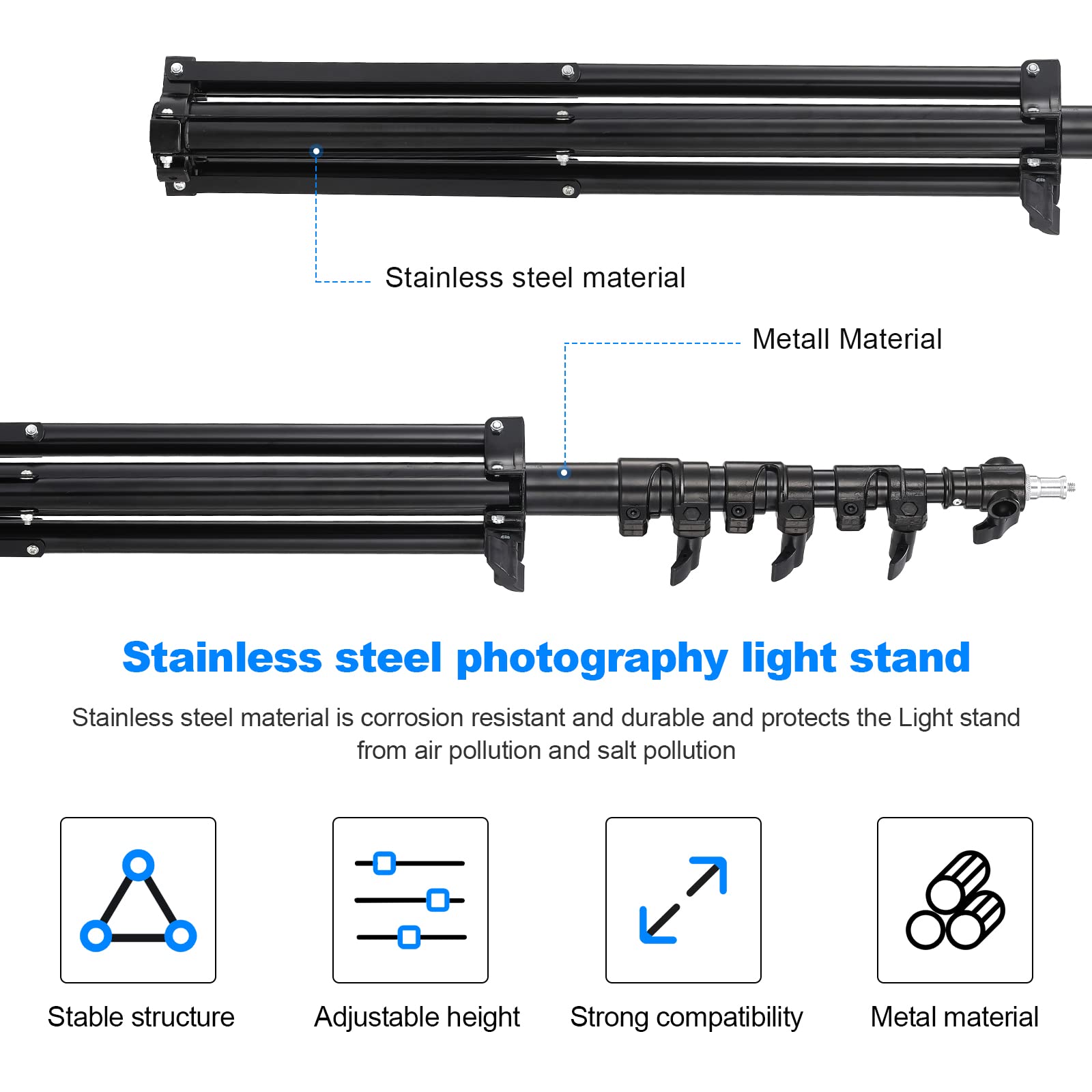 Heavy Duty Light Stand 9.8Ft /3M Photography Tripod Light Stand Metal Adjustable Spring Cushioned With Carry Bag 1/4    To 3/8