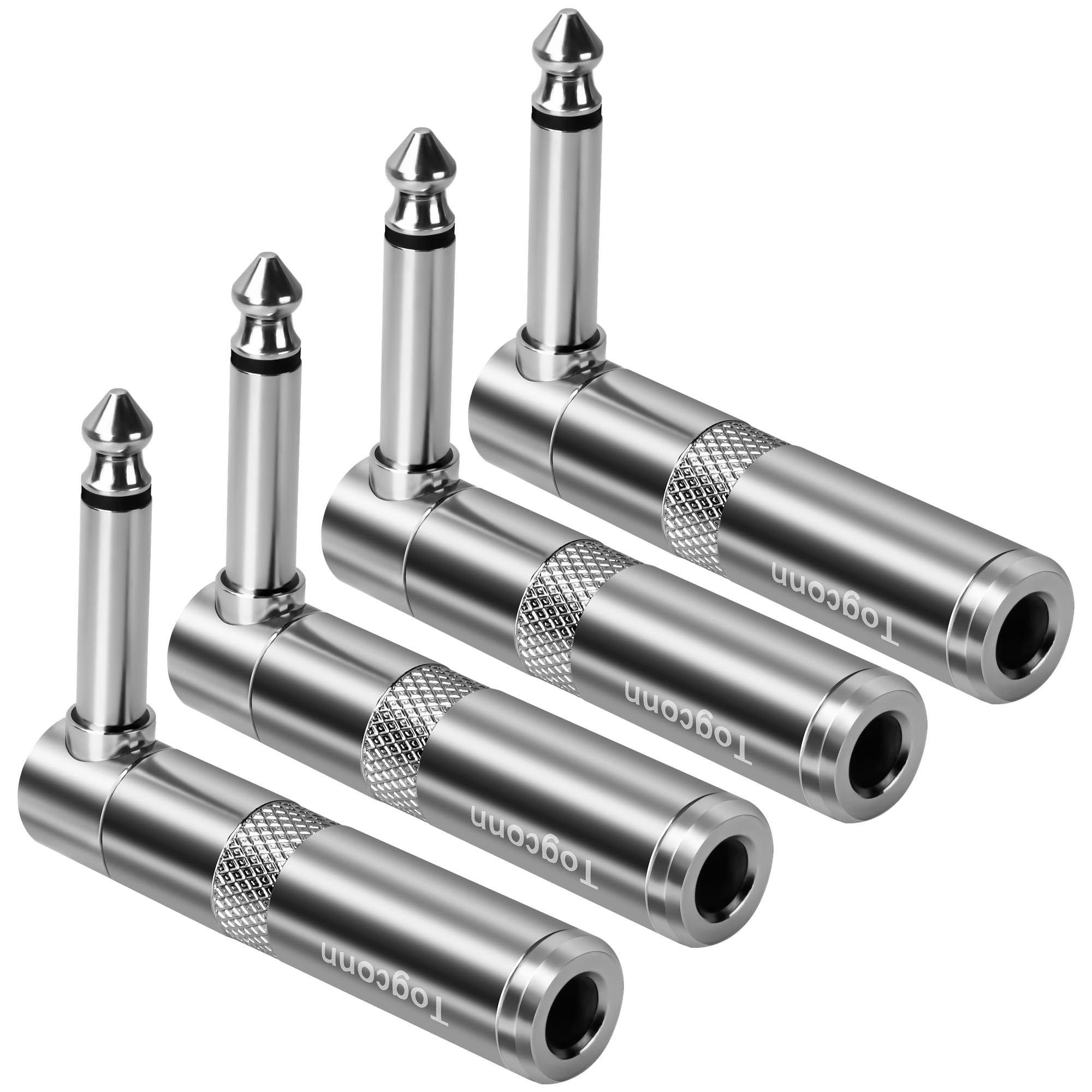 Togconn 90 Degree 1/4 Inch TS Audio Extension Adapter 4-Pack, Right Angle 6.35mm 1/4 TS Mono Male to Female Heavy Duty Metal L-S