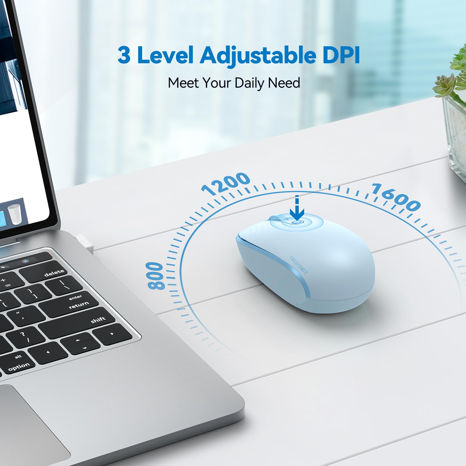 Tecknet Wireless Mouse, 2.4G Quiet Computer Mouse With Usb Receiver, 4 Buttons Portable Cordless Mice For Chromebook, Laptop, Pc, Mac, 800/1200/1600 Dpi   Blue