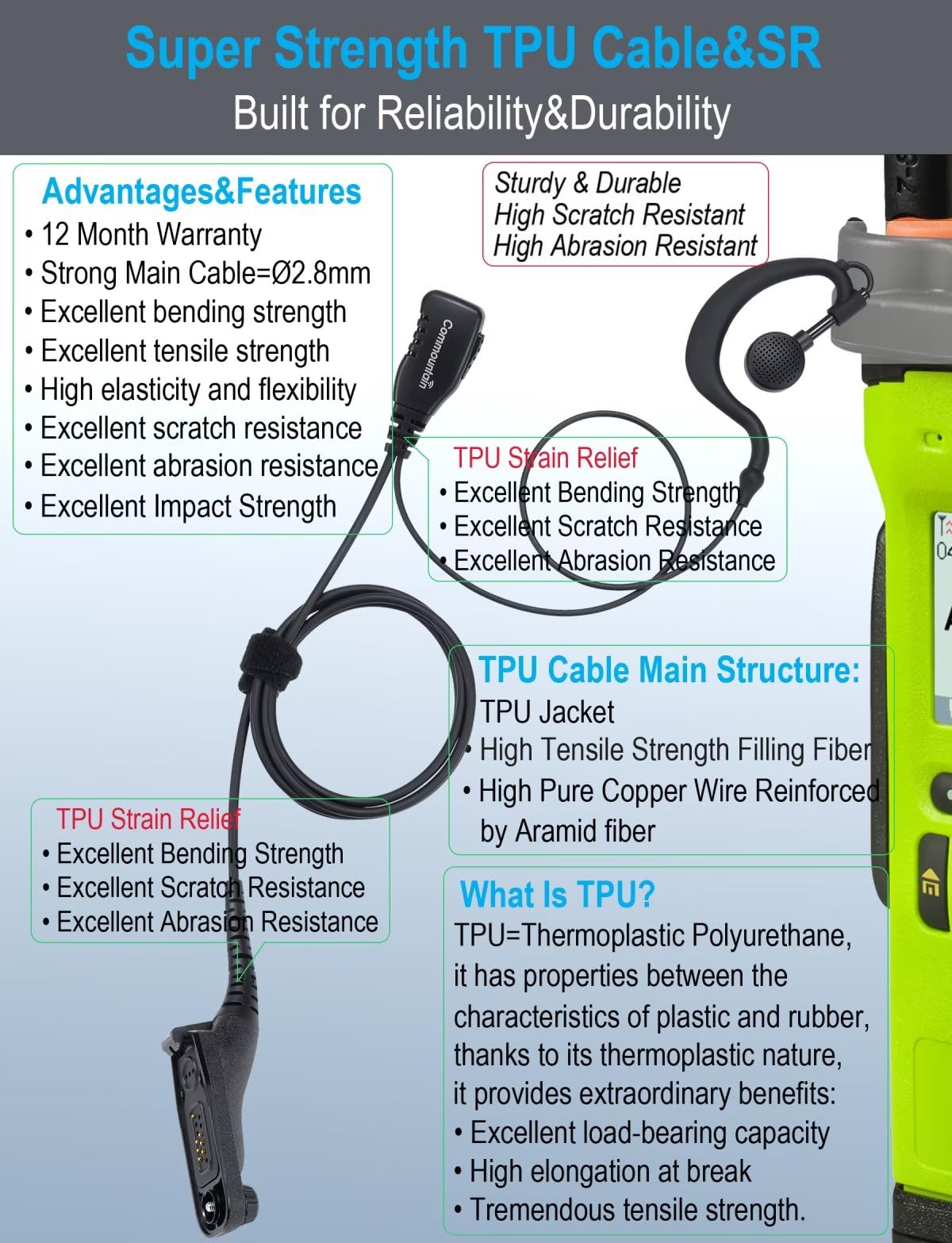 Commountain Apx 6000 Xpr 7550E Earpiece With Mic Compatible For Motorola Radios Apx 8000 (7000 4000) Xpr 7350E (7580E 7380E 7550 7350) Apx6000 Apx7000 Apx8000 Xpr7550 Xpr7550E, Earhook Headset