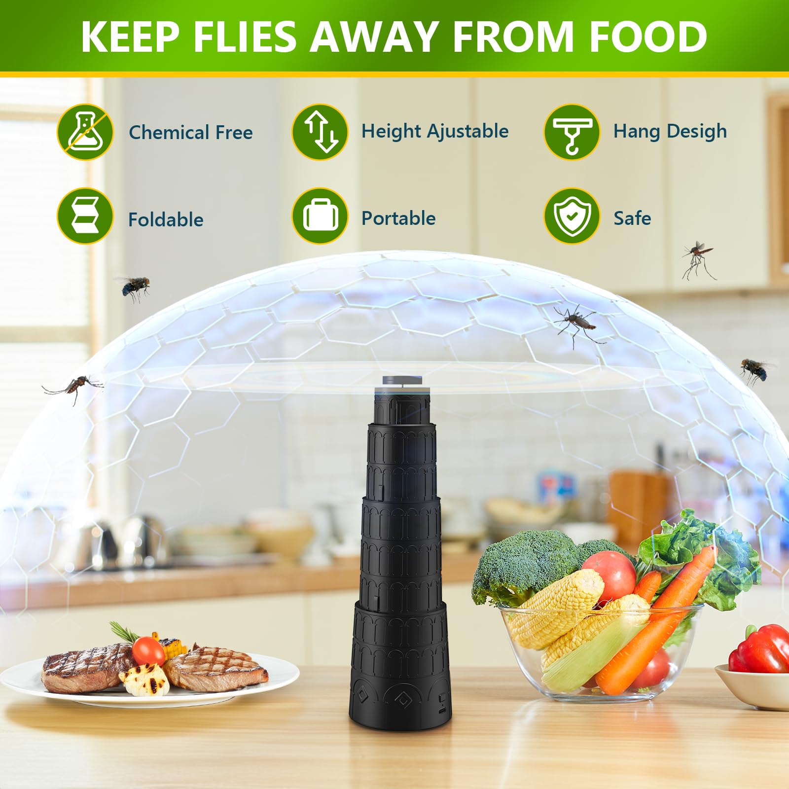 Adawook Fly Fans For Tables, Height Ajustable Food Fans, Chemical Free Bug Fans With Soft Blades, Keep Flies Bugs Away, Foldable
