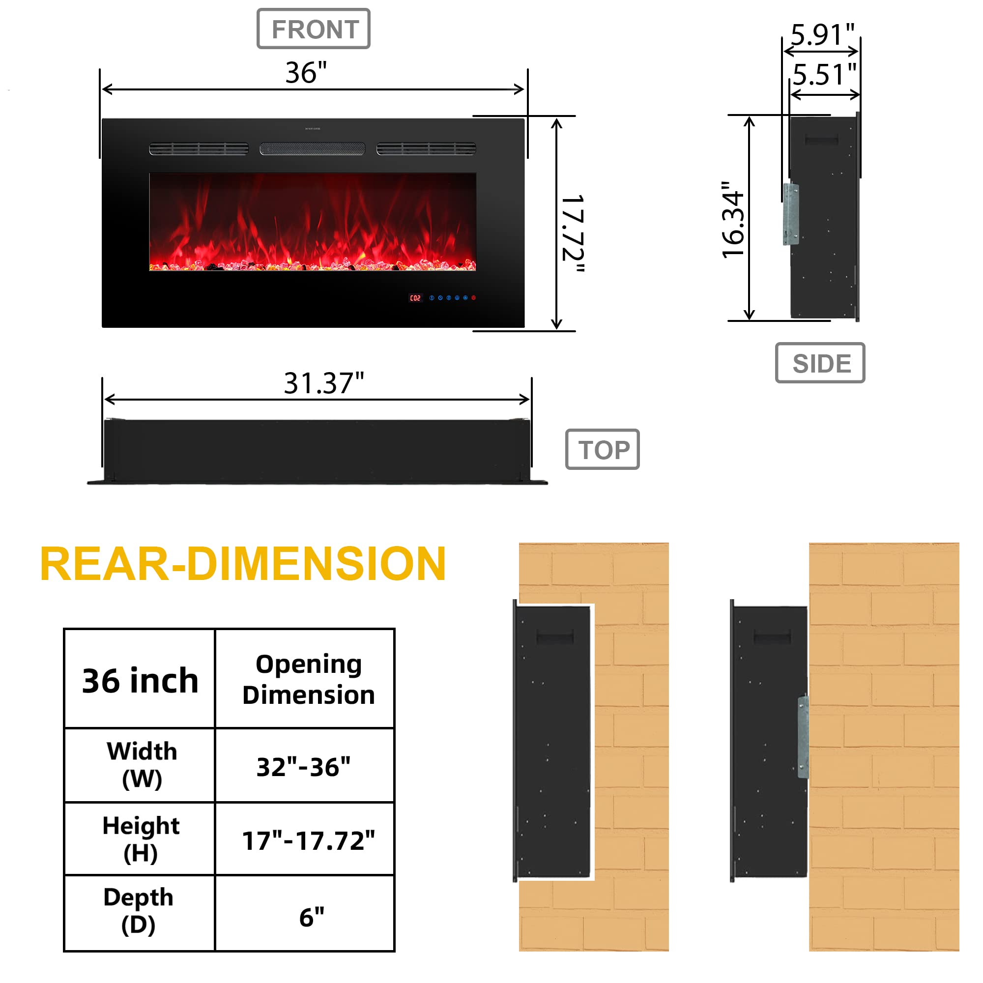 Rodalflame 36 Inches Electric Fireplace Inserts, Recessed And Wall Mounted Fireplace Heater For Indoor Use With Remote Control,