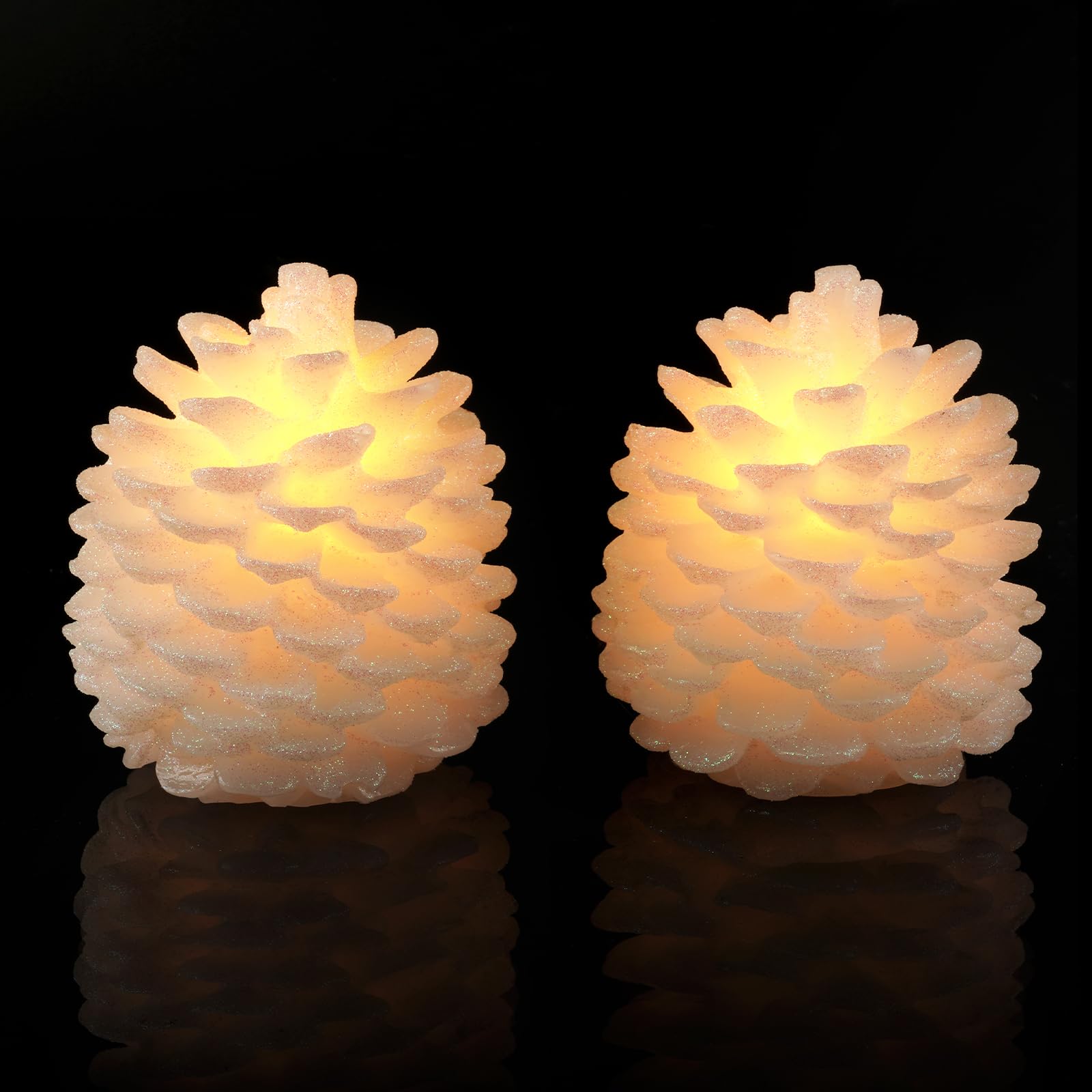 Homemory 2 Pcs Pine Cone Candles Flameless, White Led Flickering Candles With 6 Hours Timer, Battery Operated Candles For New Ye