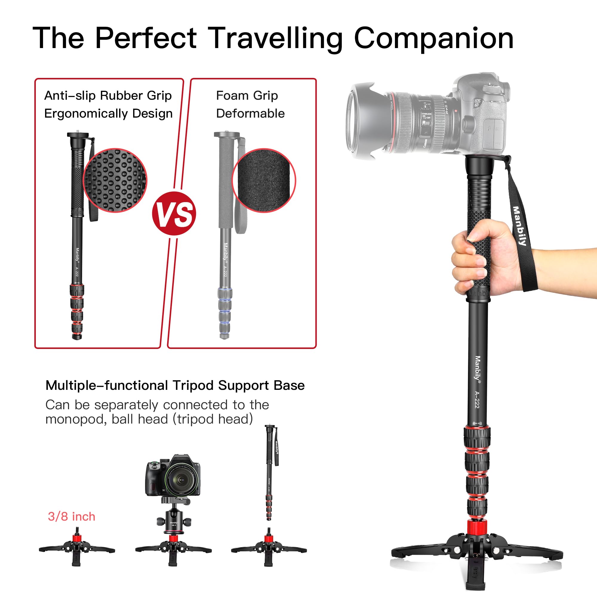 Manbily Extendable Camera Aluminum Monopod With Feet,Portable Travel Monopod With Removable Tripod Stand Base For Dslr Canon Nik