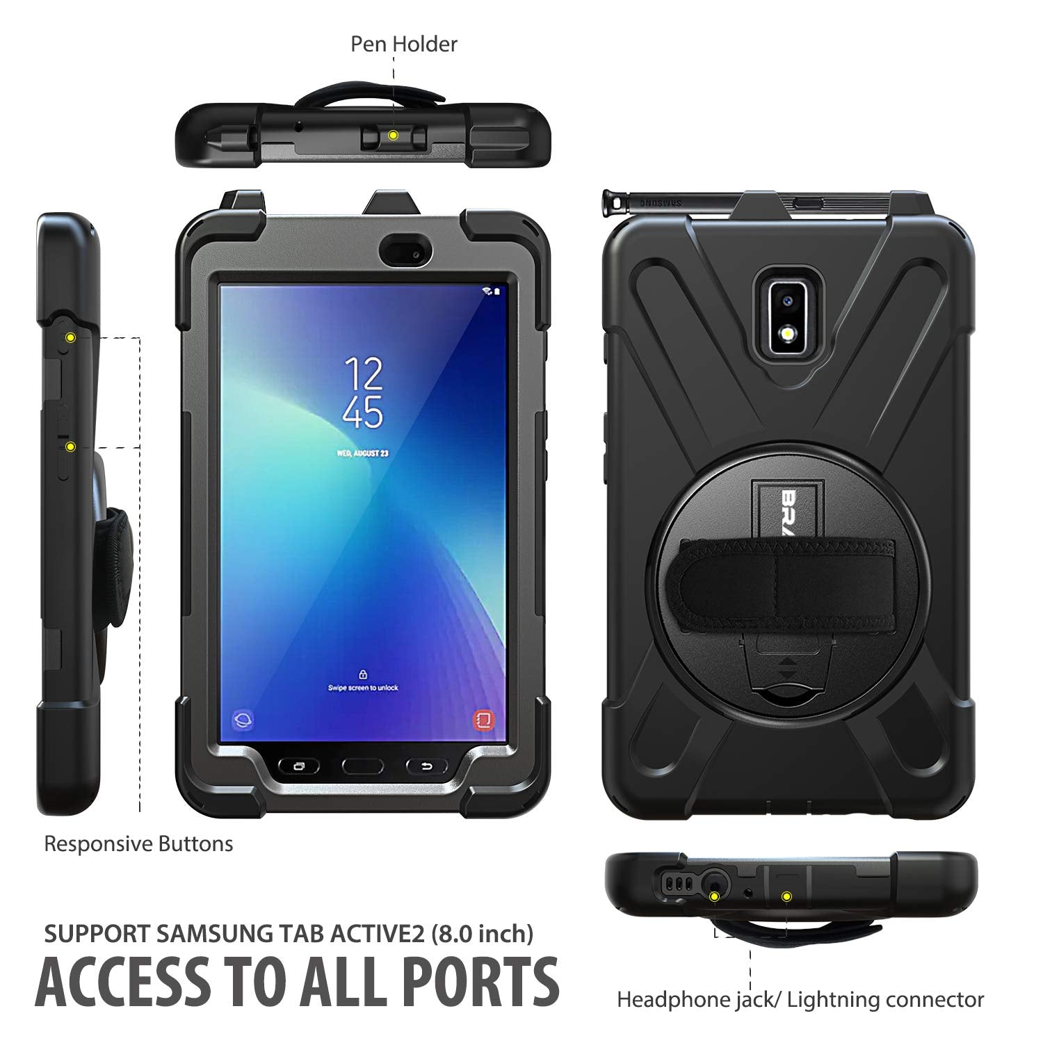Braecn For Galaxy Tab Active 2 Case,Heavy Duty Shockproof Case With 360 Degree Rotating Handle Hand Strap/Kickstand And Carrying