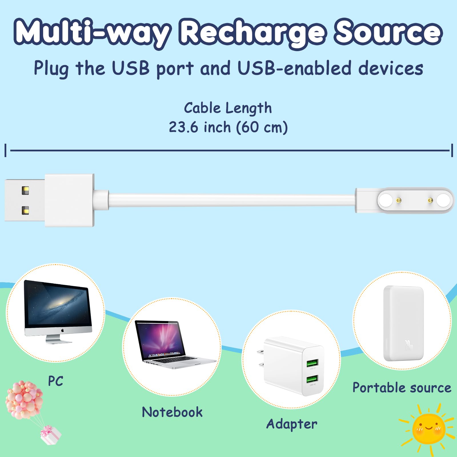 Ottpluscase For 2 Pack Bark Watch Charger, Bark Smart Watch Charger Magnetic Usb Charging Cable Durable Portable (Black+White)