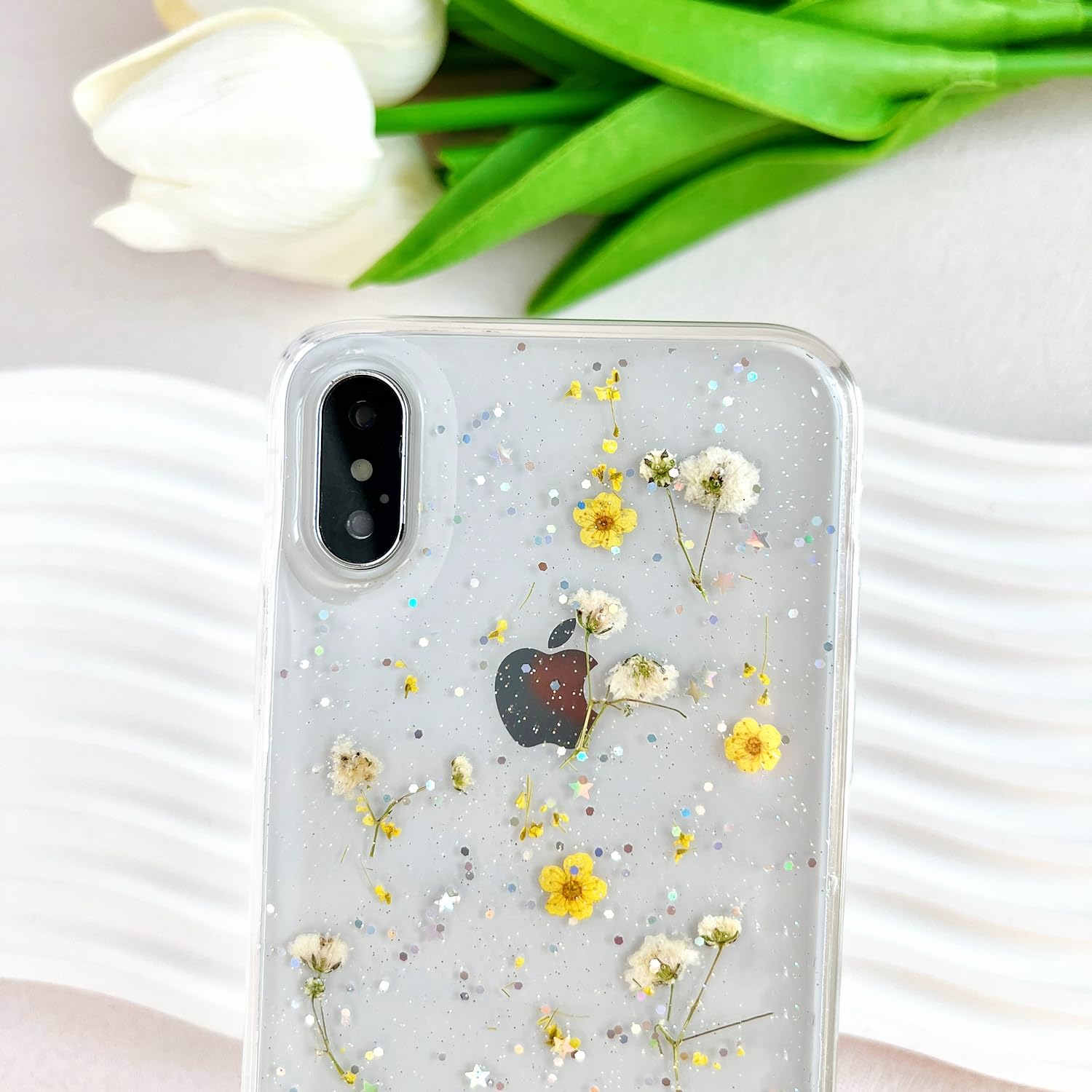 Lseeka For Iphone X/Iphone Xs Clear Case With Pressed Real Flowers Design,Glitter Cute Yellow Floral Pattern Slim Soft Tpu Prote