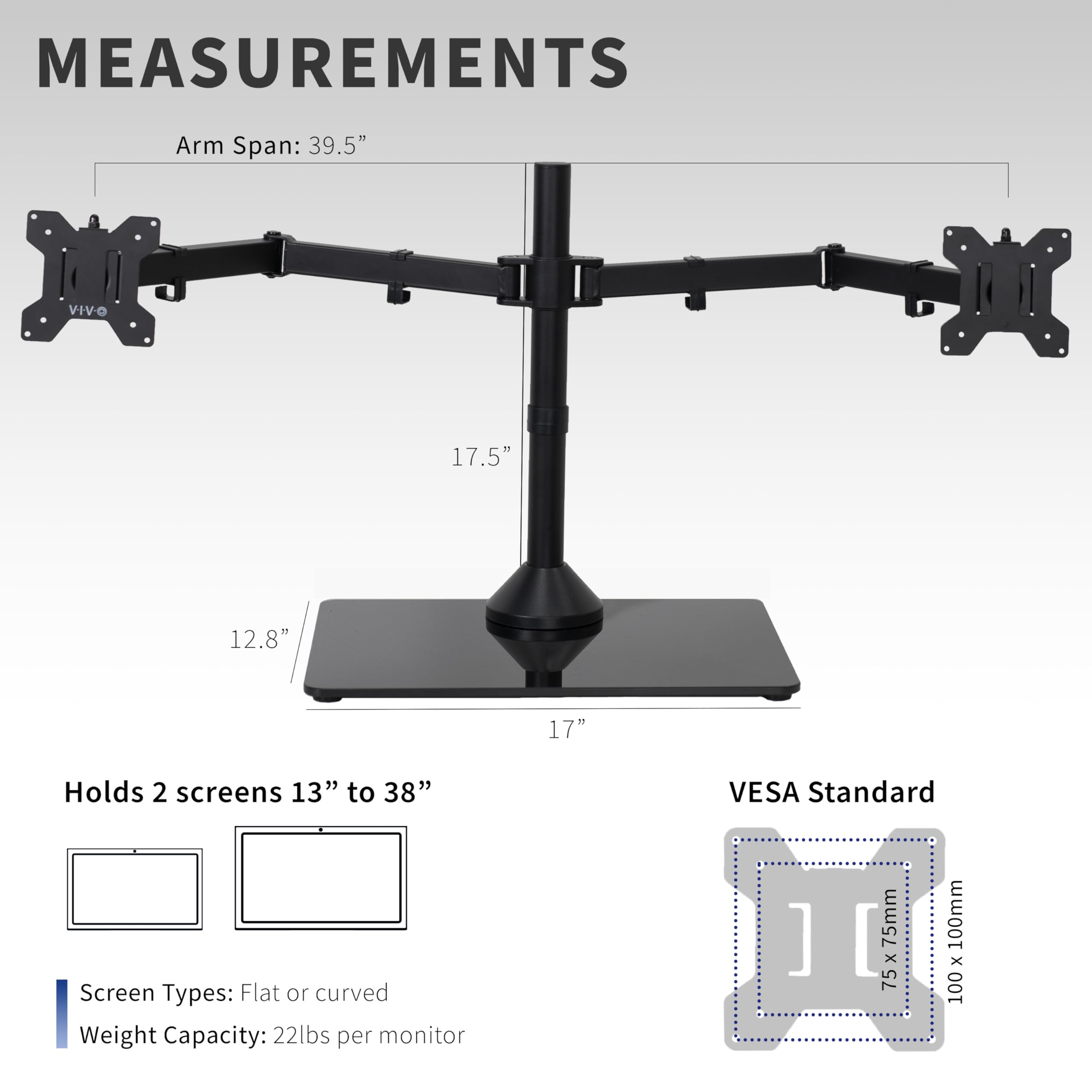 VIVO Freestanding Dual Ultrawide Monitor Stand with Sleek Glass Base and Adjustable Arms, 2 Screens up to 38 inches and 22 lbs Each, Black, STAND V038FG