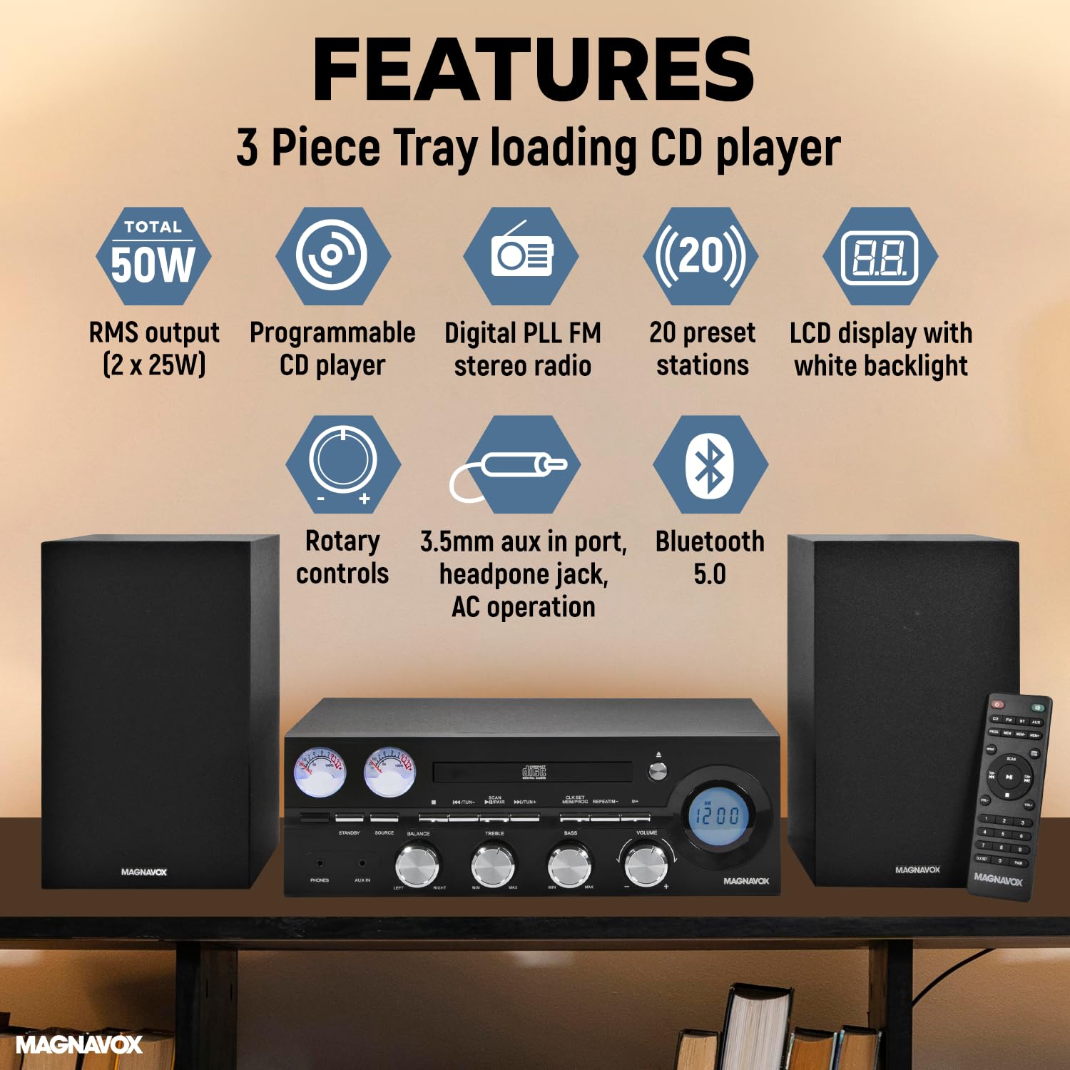 Magnavox Mm451 3 Piece Tray Loading Cd Shelf System With Digital Pll Fm Stereo Radio, Bluetooth Wireless Technology, And Remote