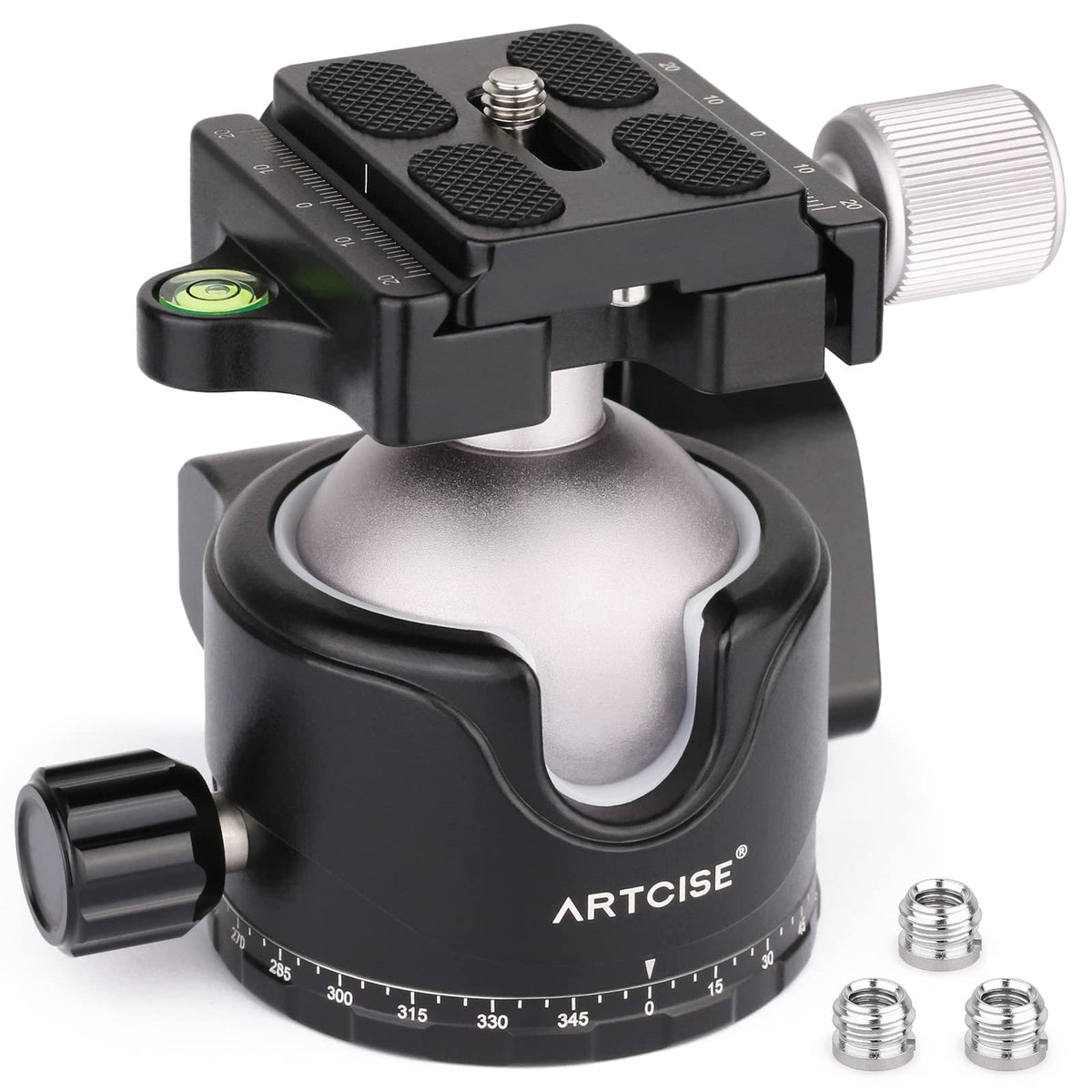 46Mm Low Profile Tripod Head With 3 Screw Adapter 3/8 To 1/4 Professional Aluminium 360 Rotating Panoramic Ball Head Max Loading 44Lbs/20Kg