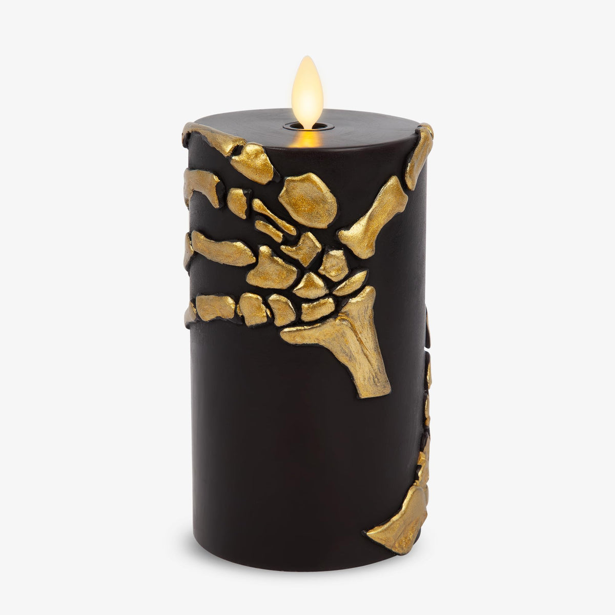 Luminara Black And Gold Skeleton Hands Flameless Led Candle, Flat Top Moving Flame Pillar, Real Unscented Wax And Timer (3.25'' 