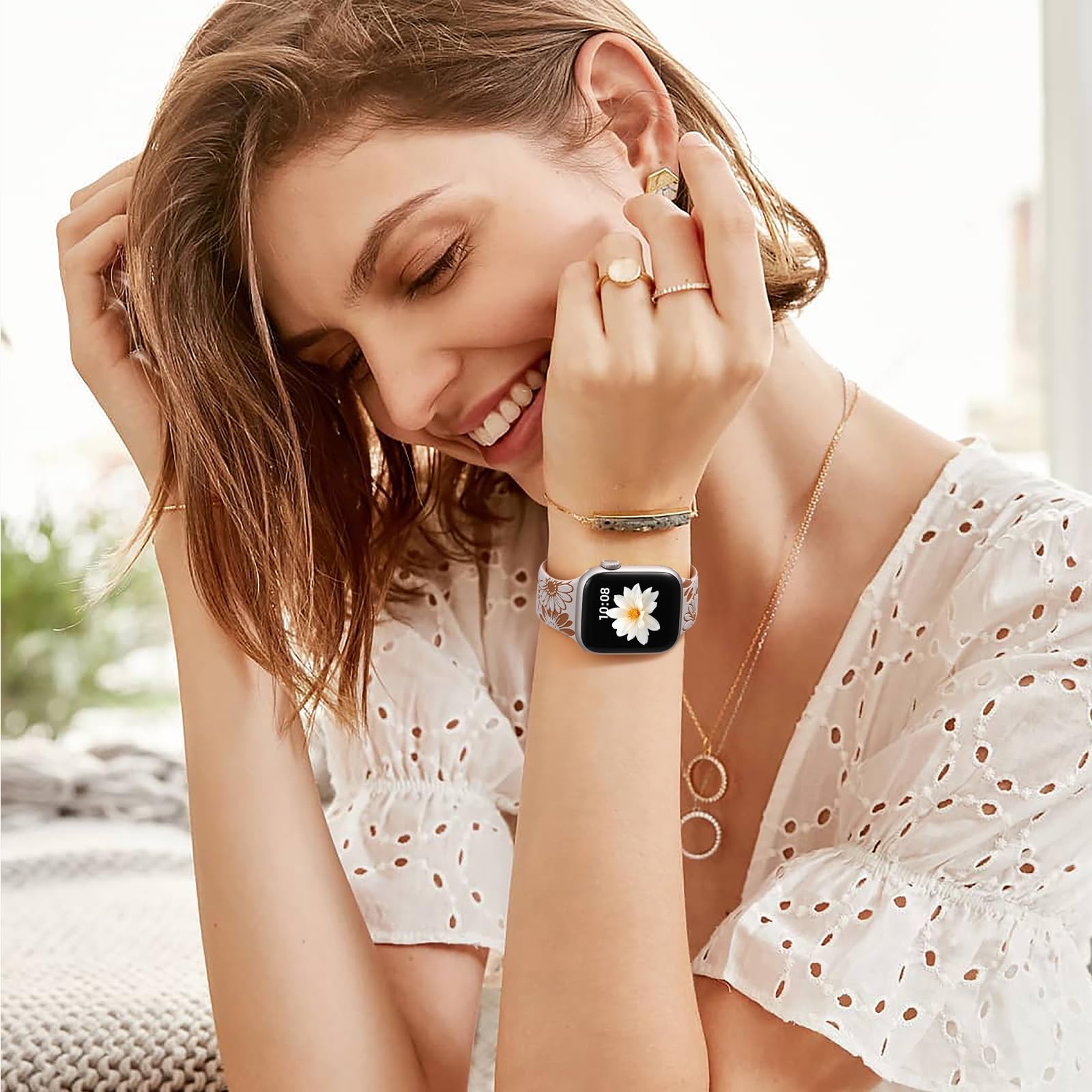 Daqin Floral Engraved Band Compatible With Apple Watch Bands 41Mm 40Mm 38Mm Women, Cute Two Tone Flower Soft Silicone Sport Stra