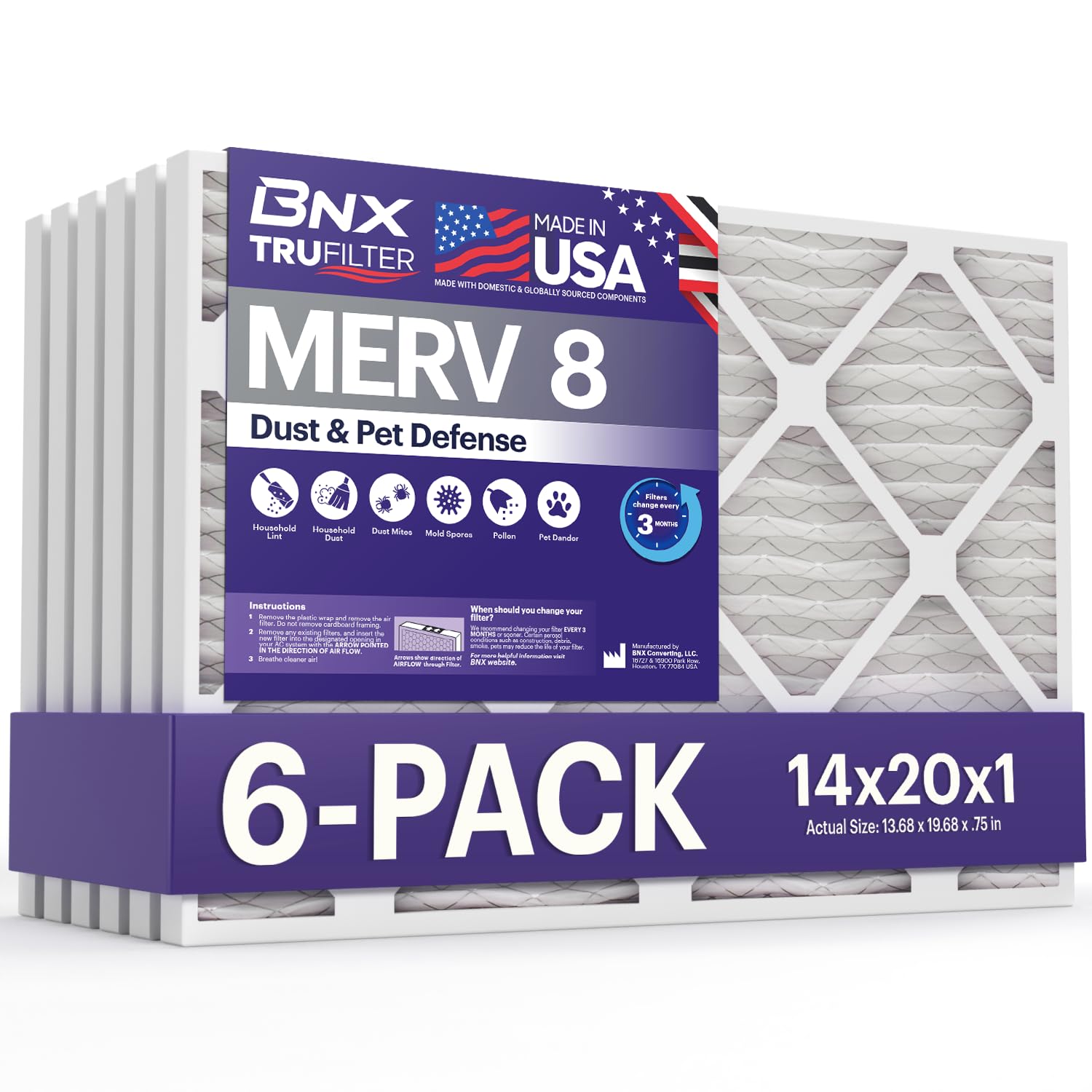 BNX TruFilter 14x20x1 Air Filter MERV 8 (6-Pack) - MADE IN USA - Dust & Pet Defense Electrostatic Pleated Air Conditioner HVAC A