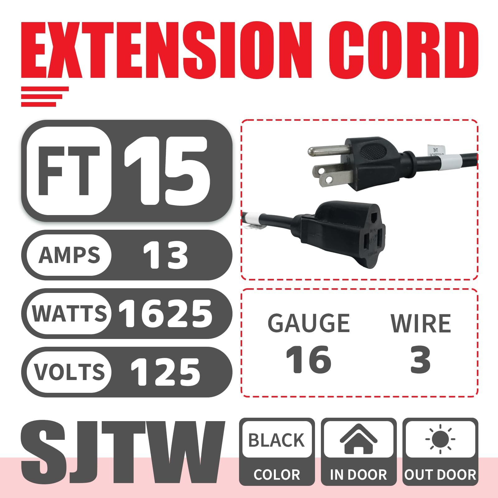 Ep 2 Pack 15Ft Black Outdoor Extension Cord, 16/3 Sjtw Heavy Duty Waterproof, 3 Prong Grounded Plug, 13A 1625W 16Awg, Cold Resis