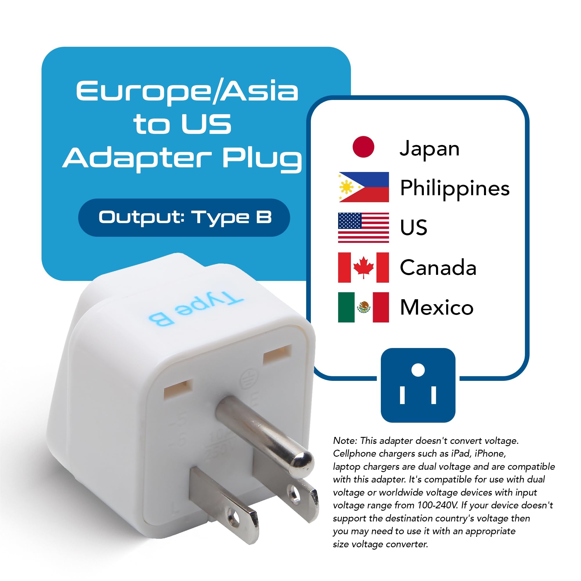 Ceptics Europe To Us Plug Adapter, Type B Usa Plug Adapter Compatible With Plugs From Europe, India, And Other Countries   India To Usa Plug Adapter Is Ce Certified & Rohs Compliant, White, 3 Pack