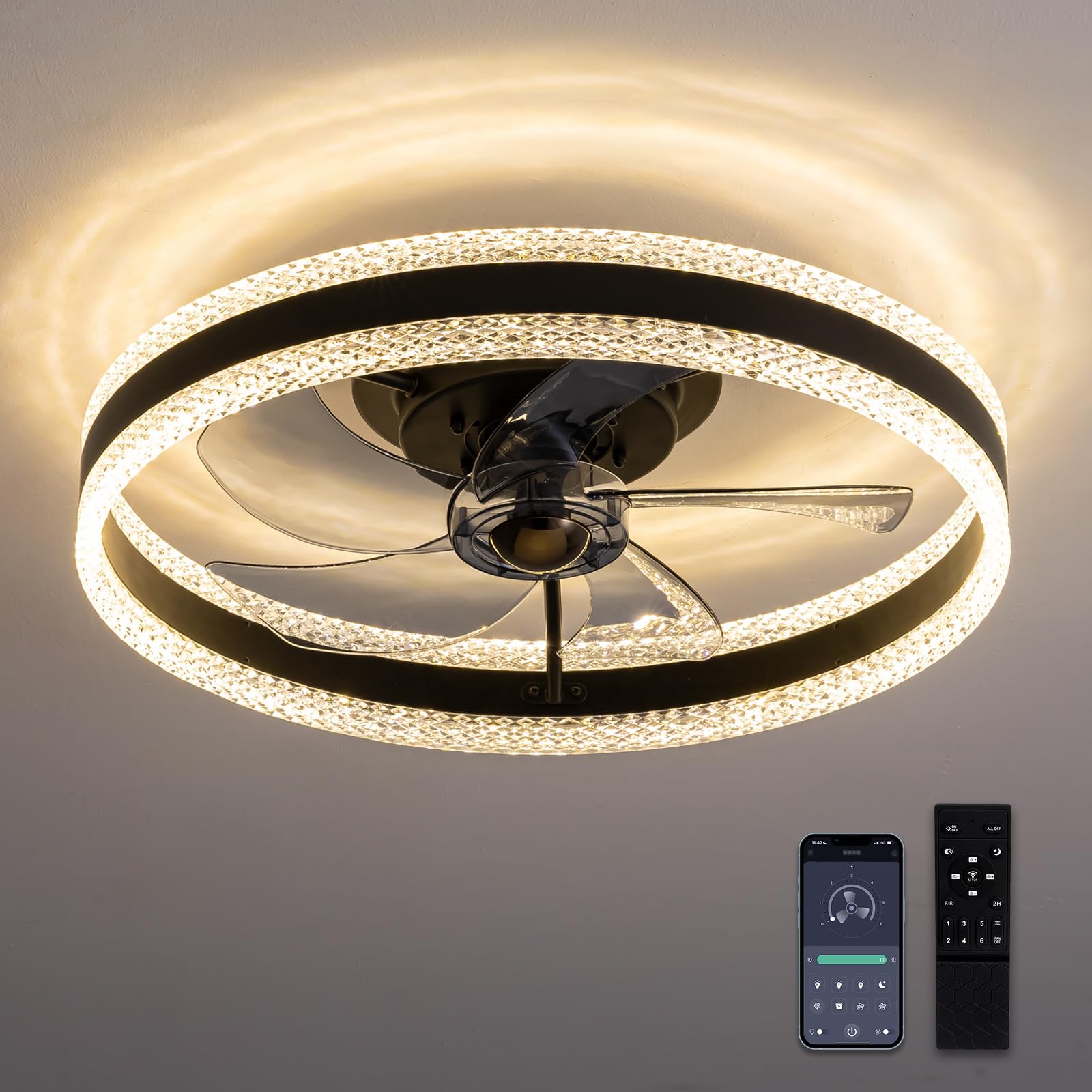 LUDOMIDE Flush Mount Ceiling Fan, Ceiling Fans with Lights and Remote, 6 Winds Speeds, 20    Low Profile Ceiling Fan 3000-6000K 